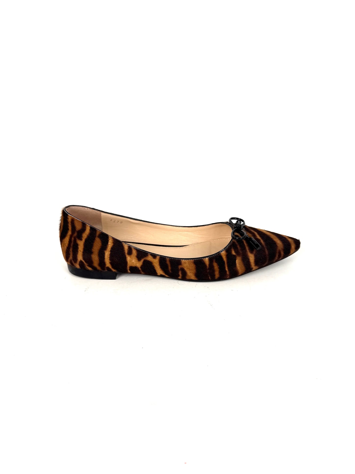 PRADA Cavallino Leopard Calf Hair Bow Pointed Toe Flats 38, 7.5