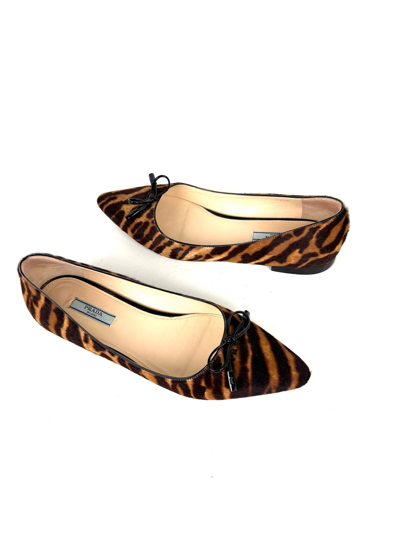 PRADA Cavallino Leopard Calf Hair Bow Pointed Toe Flats 38, 7.5