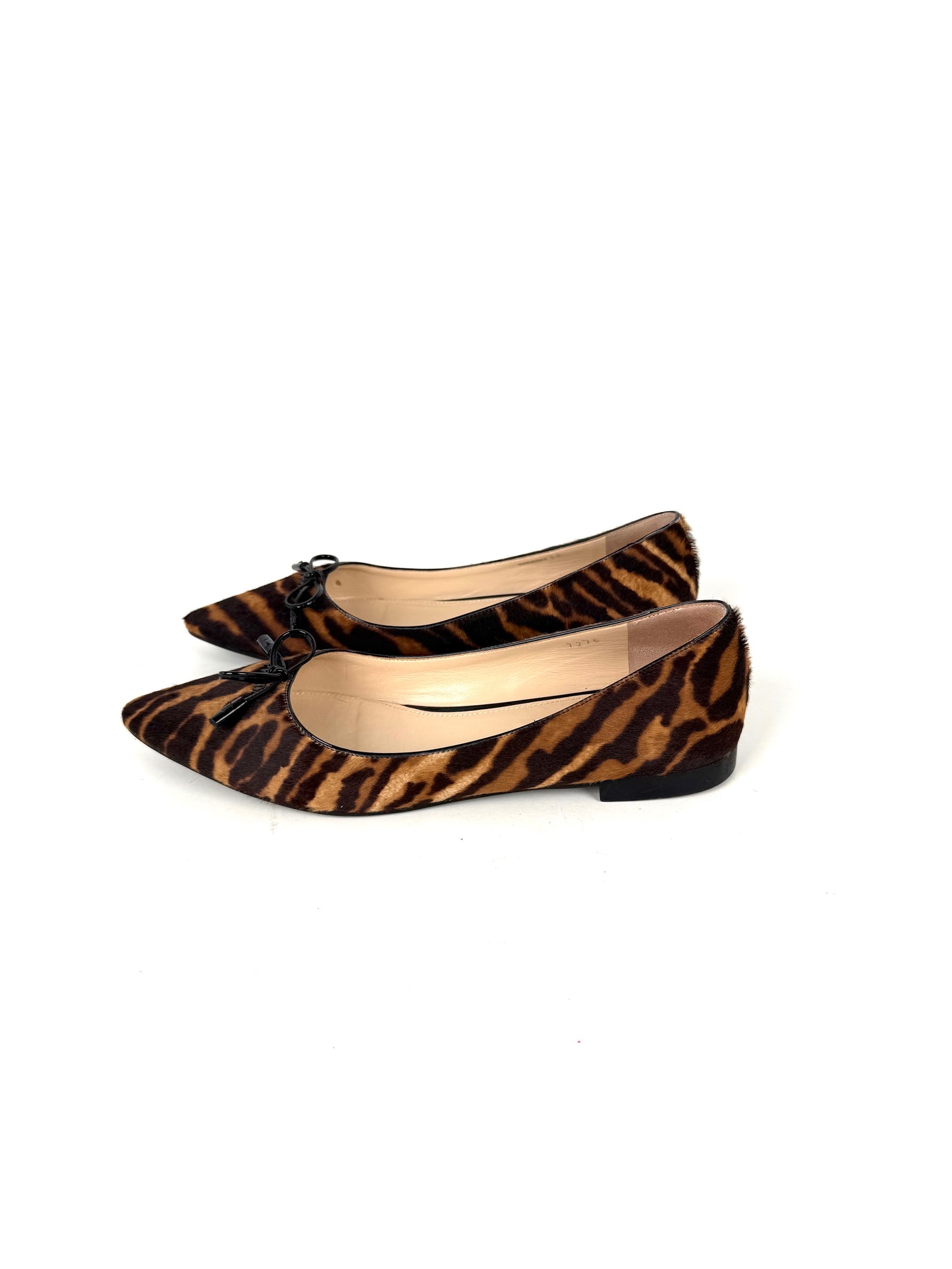 PRADA Cavallino Leopard Calf Hair Bow Pointed Toe Flats 38, 7.5