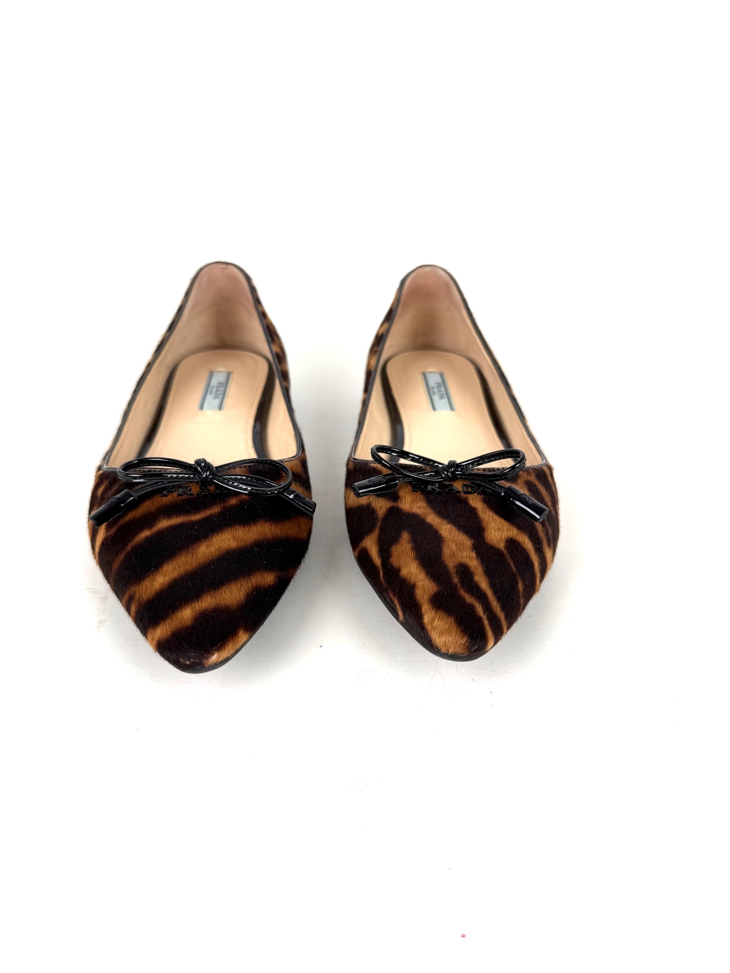 PRADA Cavallino Leopard Calf Hair Bow Pointed Toe Flats 38, 7.5