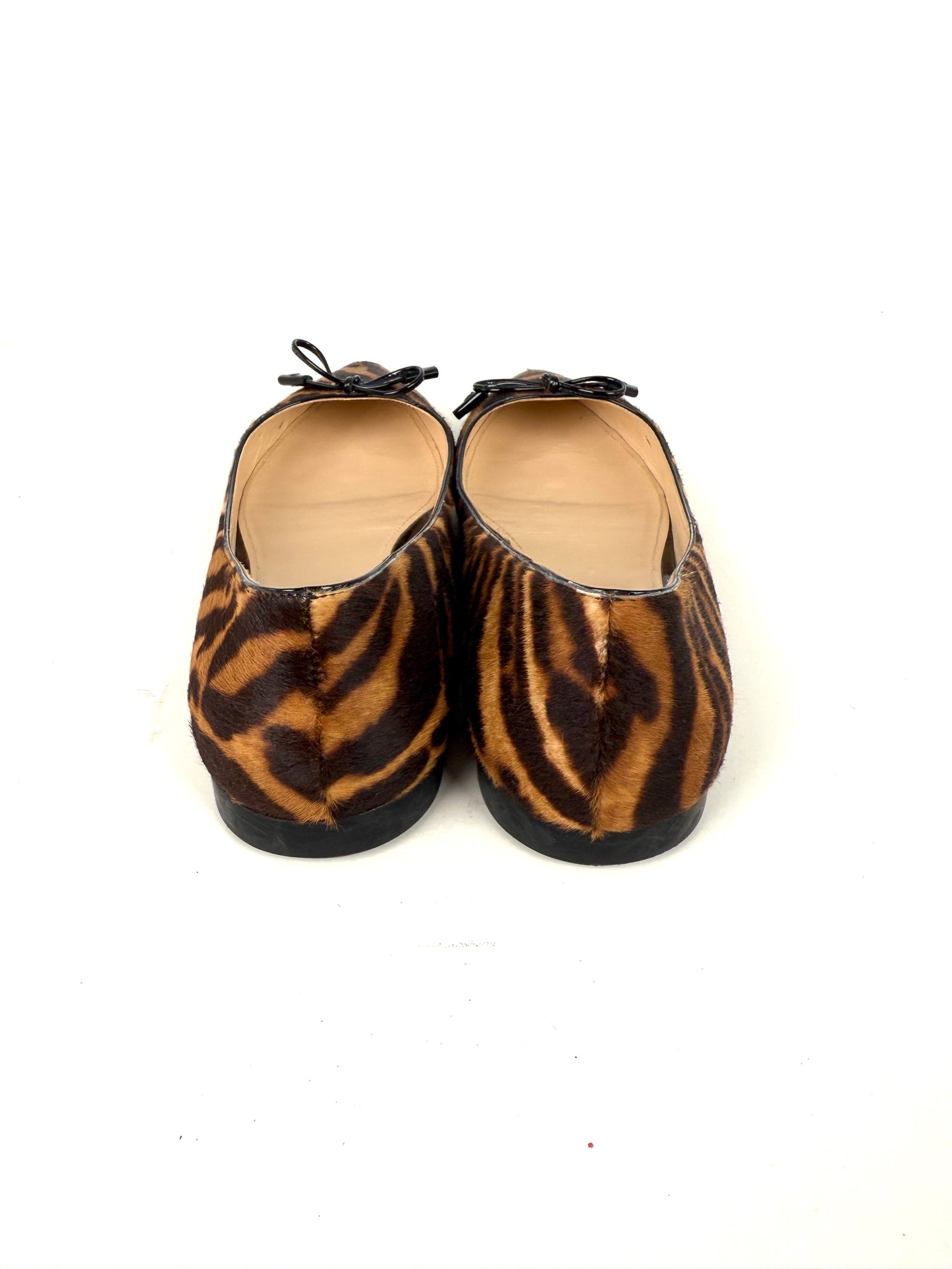 PRADA Cavallino Leopard Calf Hair Bow Pointed Toe Flats 38, 7.5