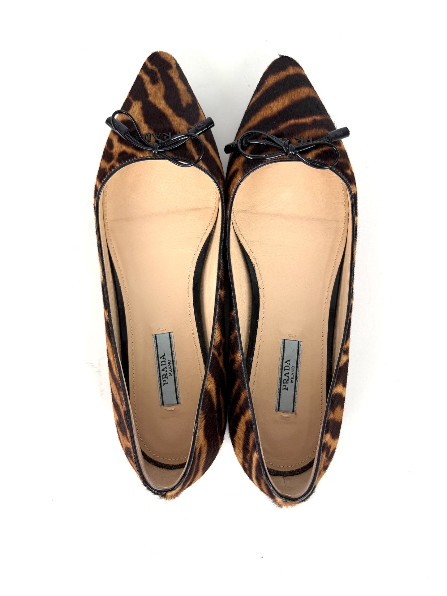 PRADA Cavallino Leopard Calf Hair Bow Pointed Toe Flats 38, 7.5