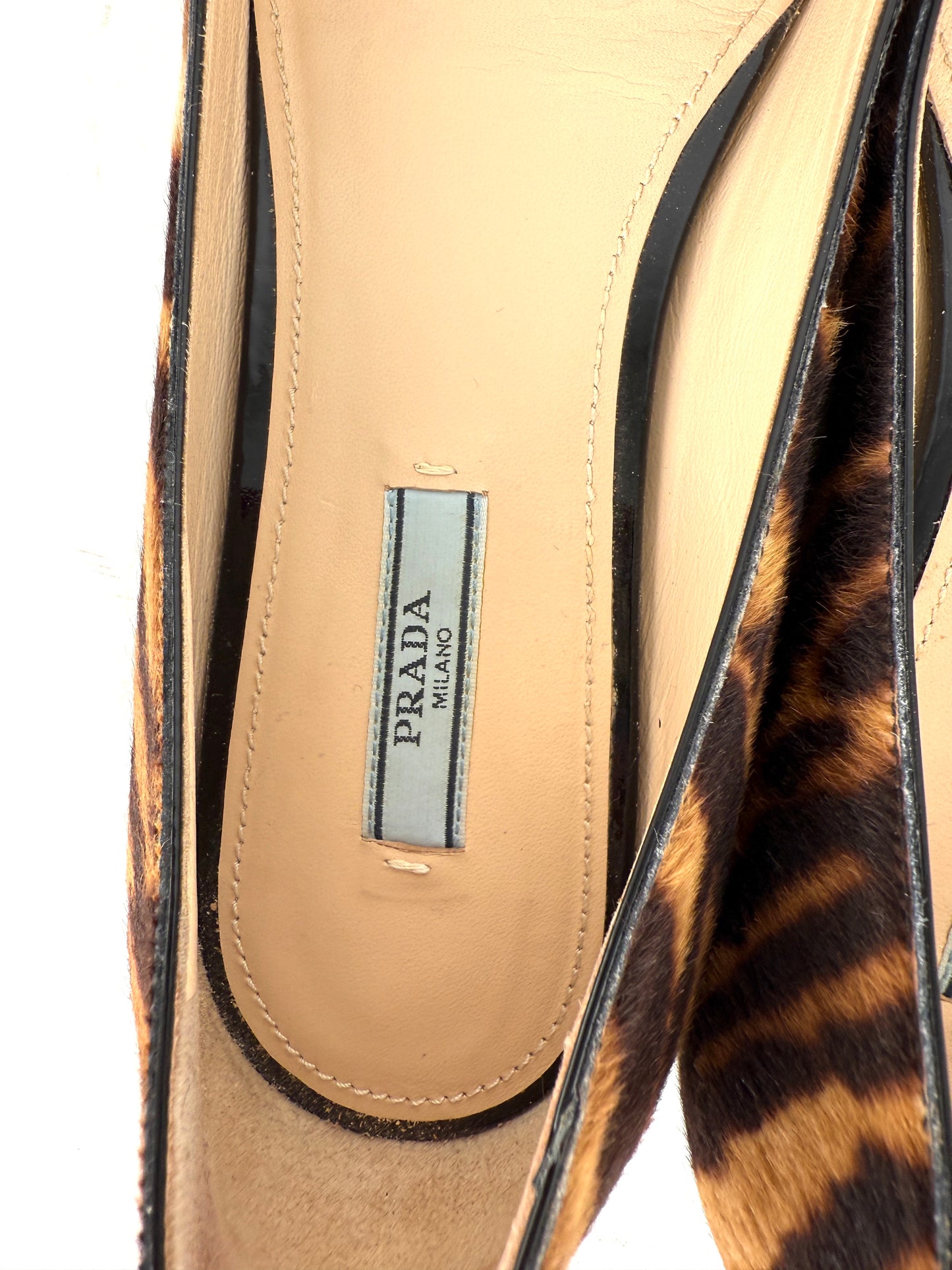 PRADA Cavallino Leopard Calf Hair Bow Pointed Toe Flats 38, 7.5