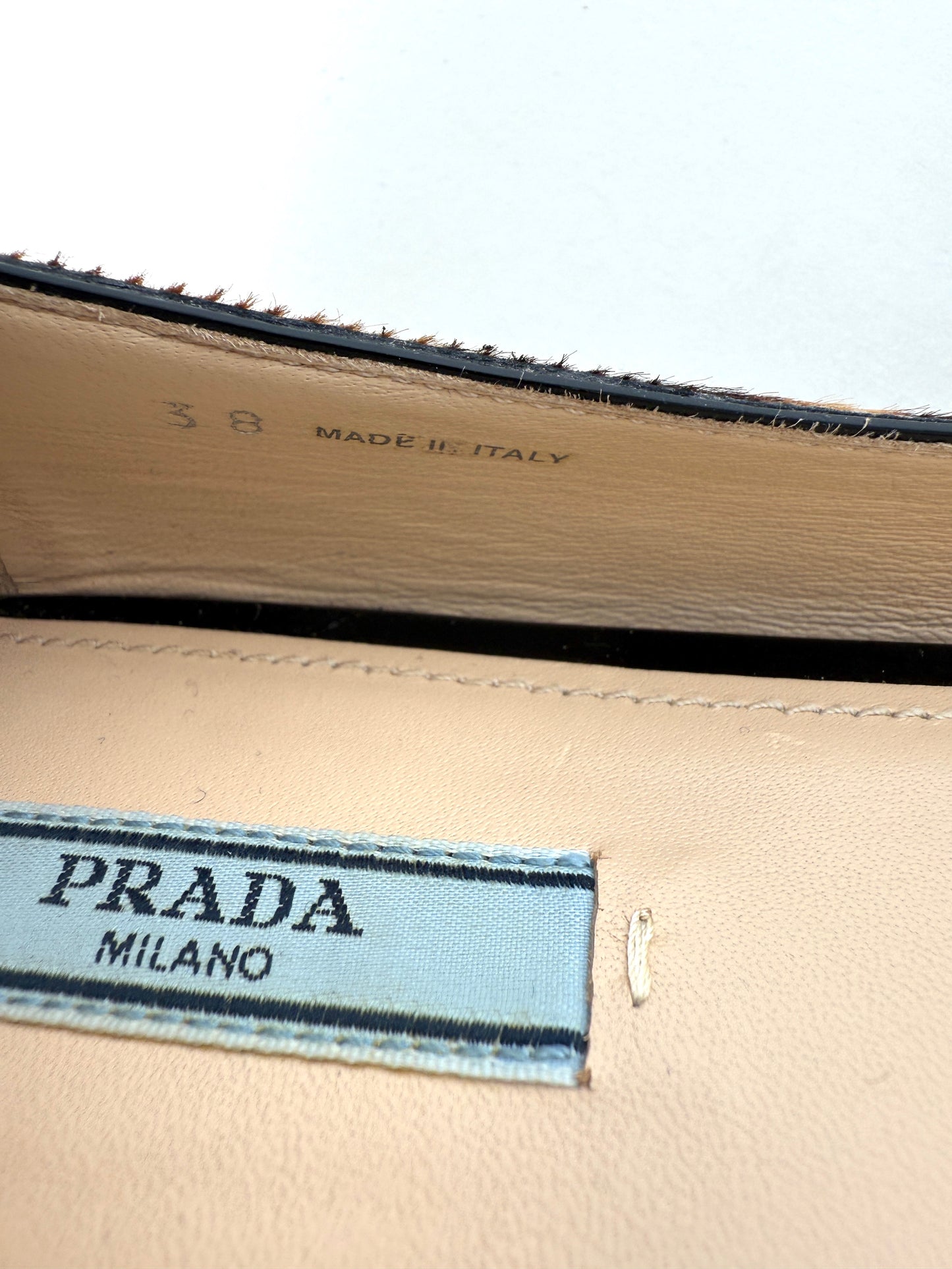 PRADA Cavallino Leopard Calf Hair Bow Pointed Toe Flats 38, 7.5