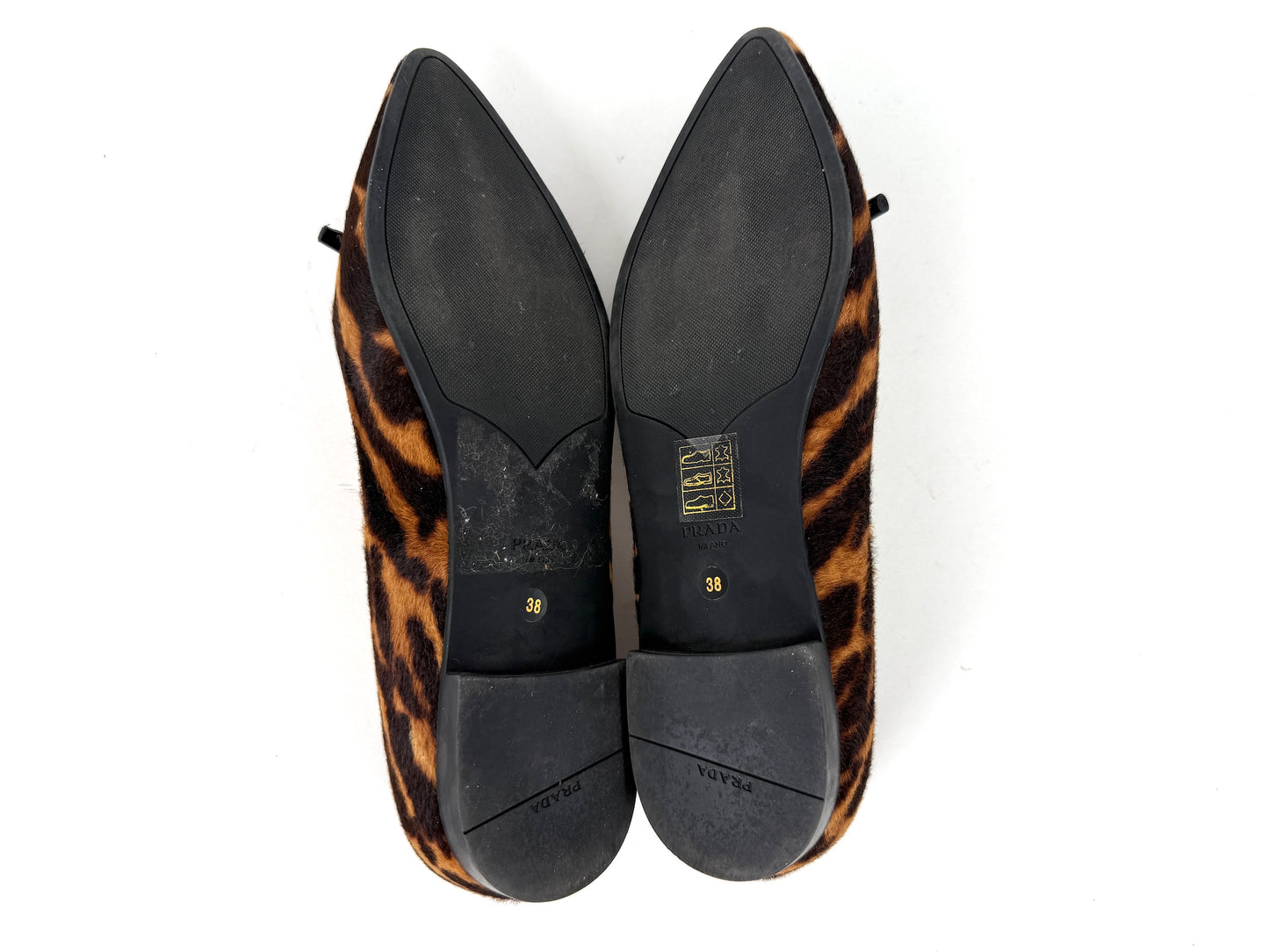 PRADA Cavallino Leopard Calf Hair Bow Pointed Toe Flats 38, 7.5