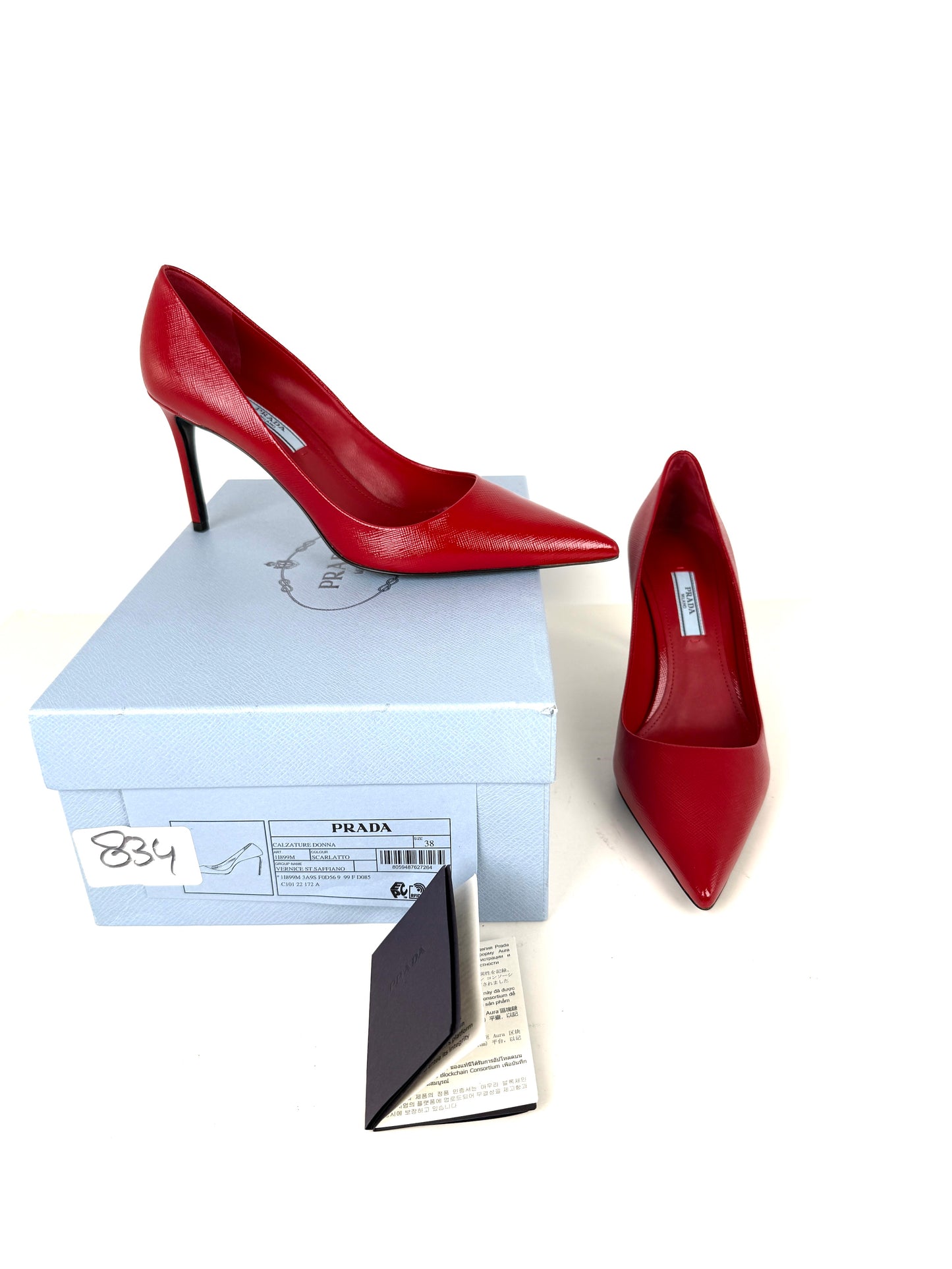 New PRADA Red  Leather Pointed Toe Pumps 38, 7.5