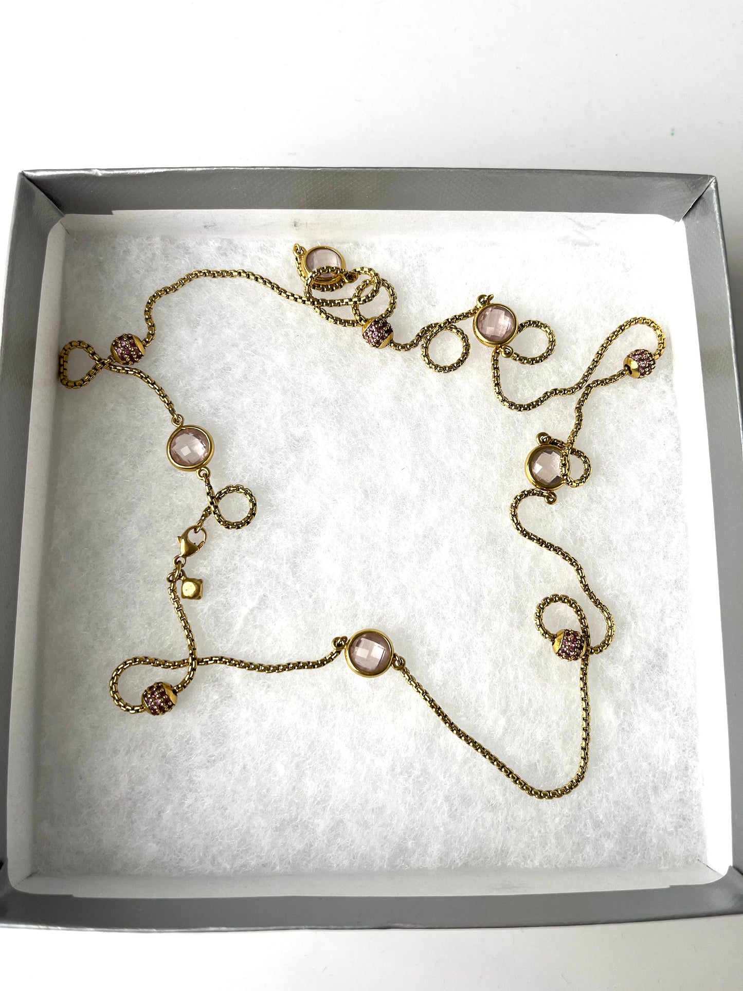 David Yurman 18k Gold Rose Quartz and Pink Sapphire Station Long Necklace