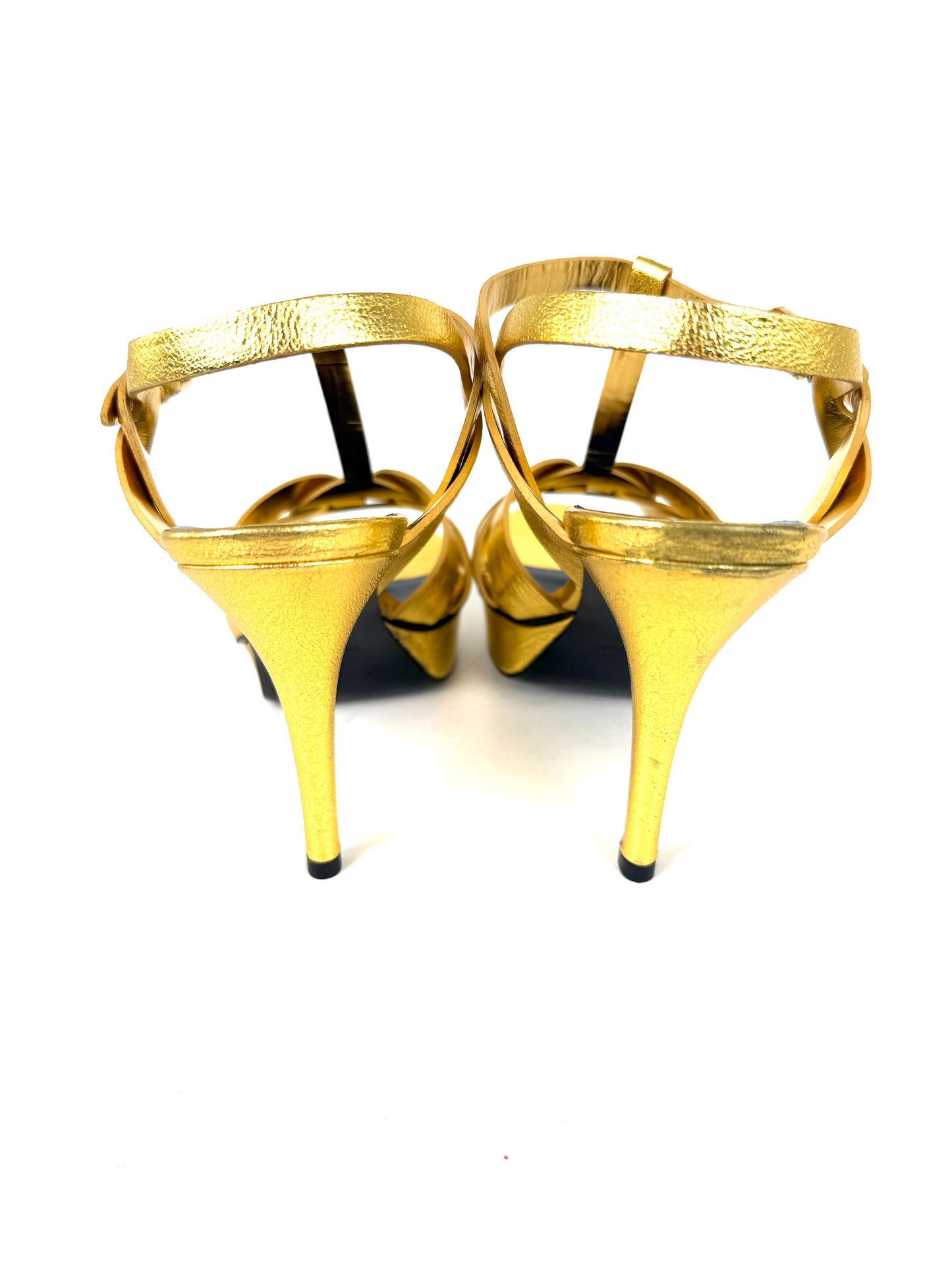 New Saint Laurent YSL Tribute Gold  Leather Platform Heel Sandals 38, 7.5