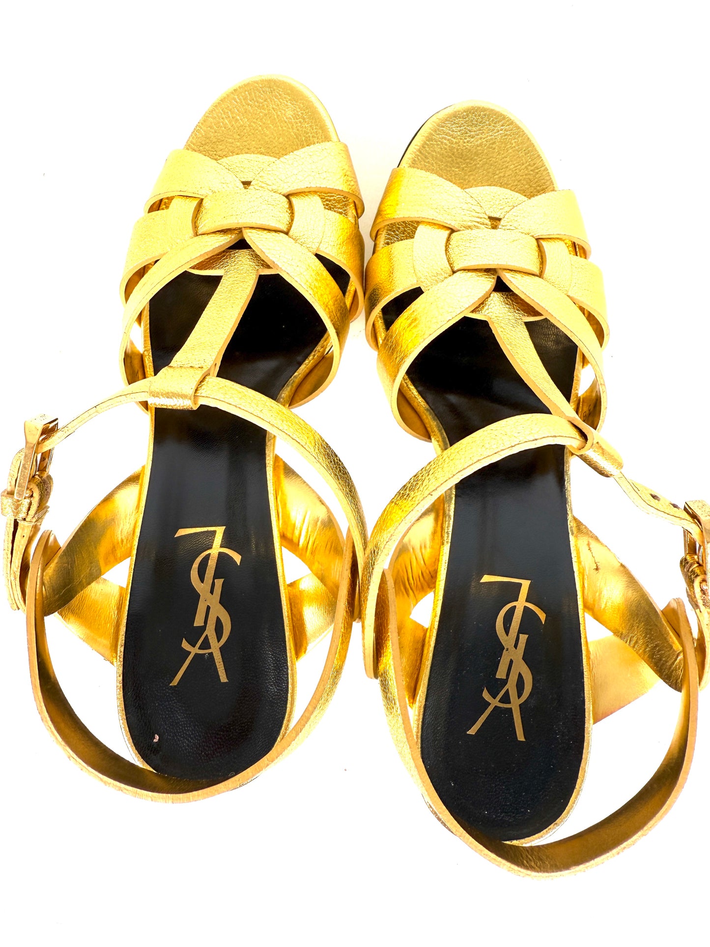 New Saint Laurent YSL Tribute Gold  Leather Platform Heel Sandals 38, 7.5