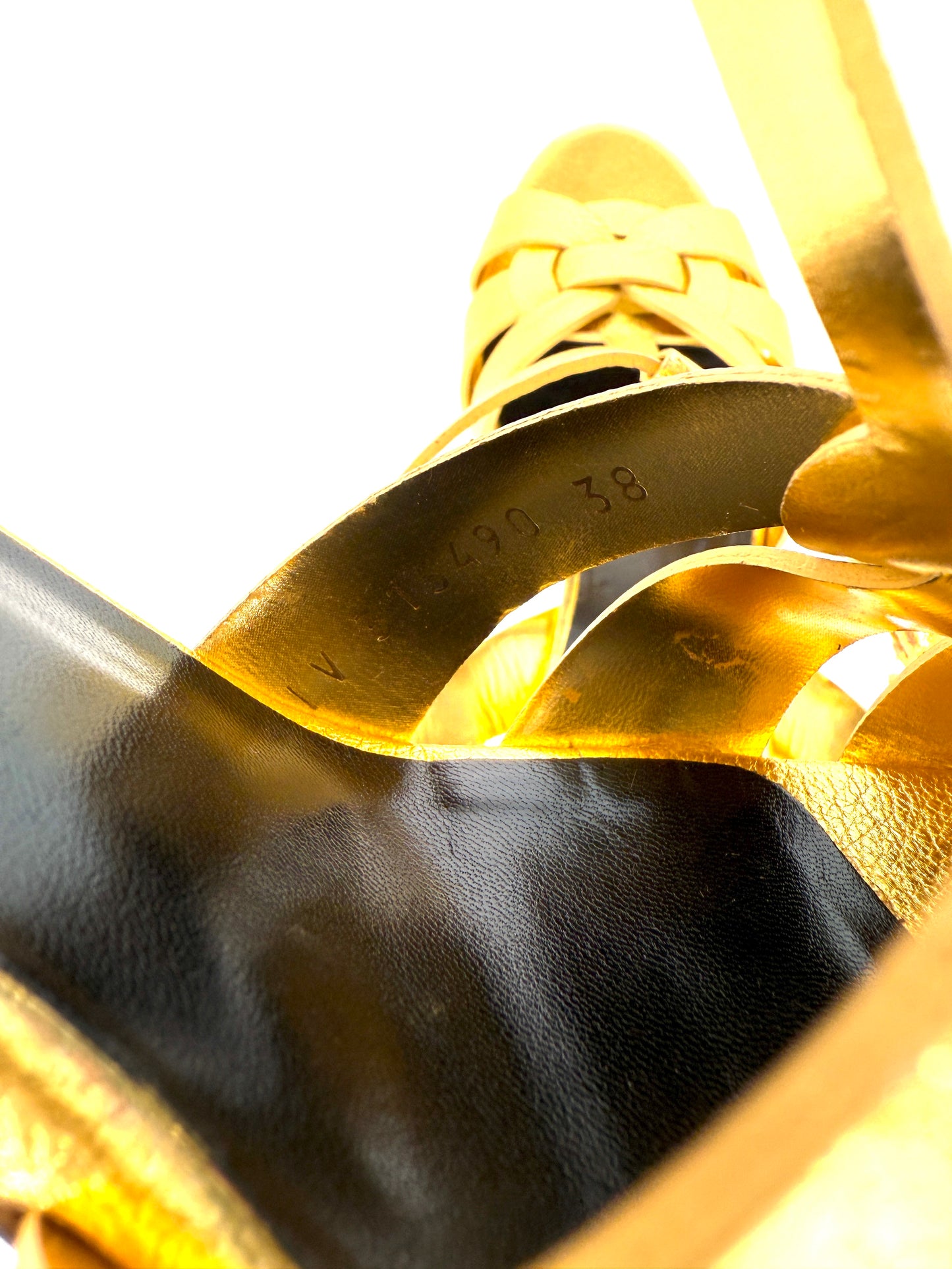New Saint Laurent YSL Tribute Gold  Leather Platform Heel Sandals 38, 7.5