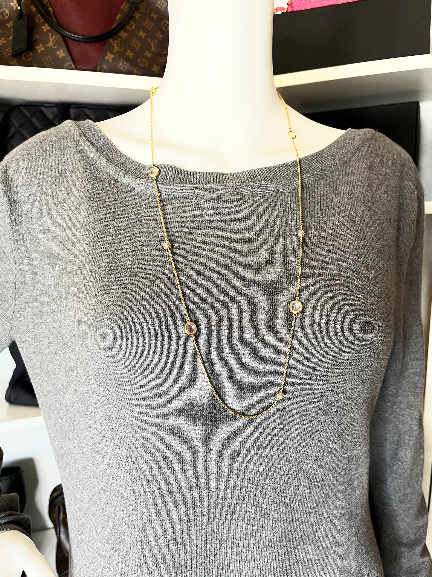 David Yurman 18k Gold Rose Quartz and Pink Sapphire Station Long Necklace