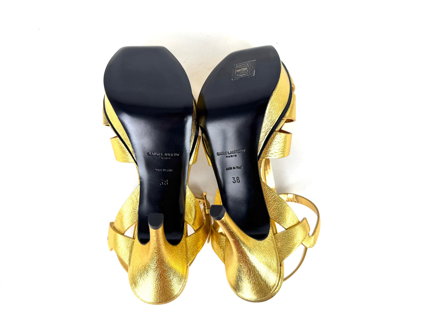 New Saint Laurent YSL Tribute Gold  Leather Platform Heel Sandals 38, 7.5
