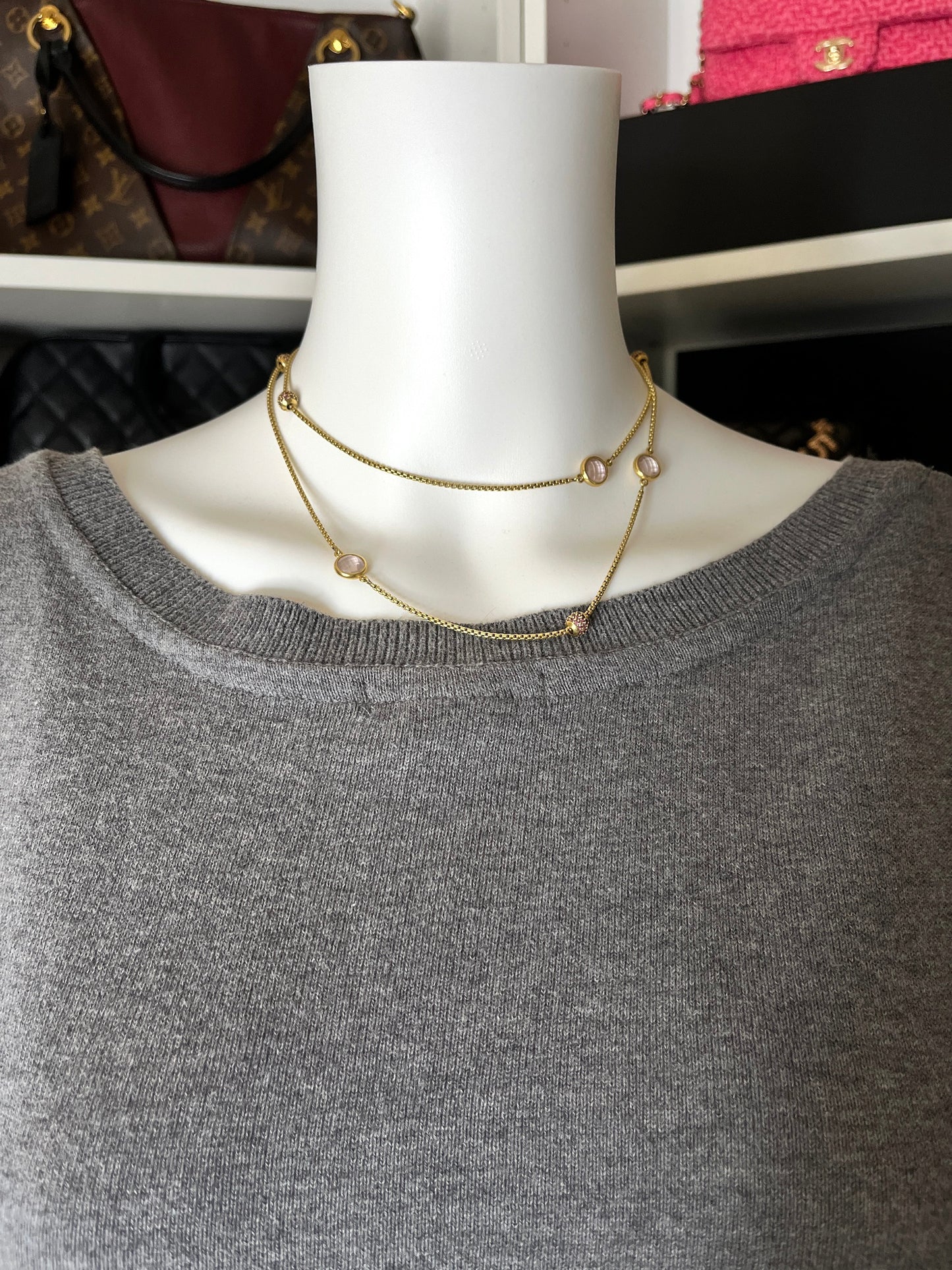 David Yurman 18k Gold Rose Quartz and Pink Sapphire Station Long Necklace