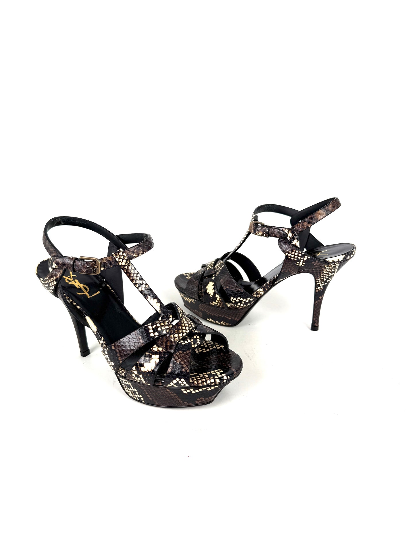 Saint Laurent YSL Tribute Snake Embossed Brown Cream Leather Platform Heel Sandals 38, 7.5