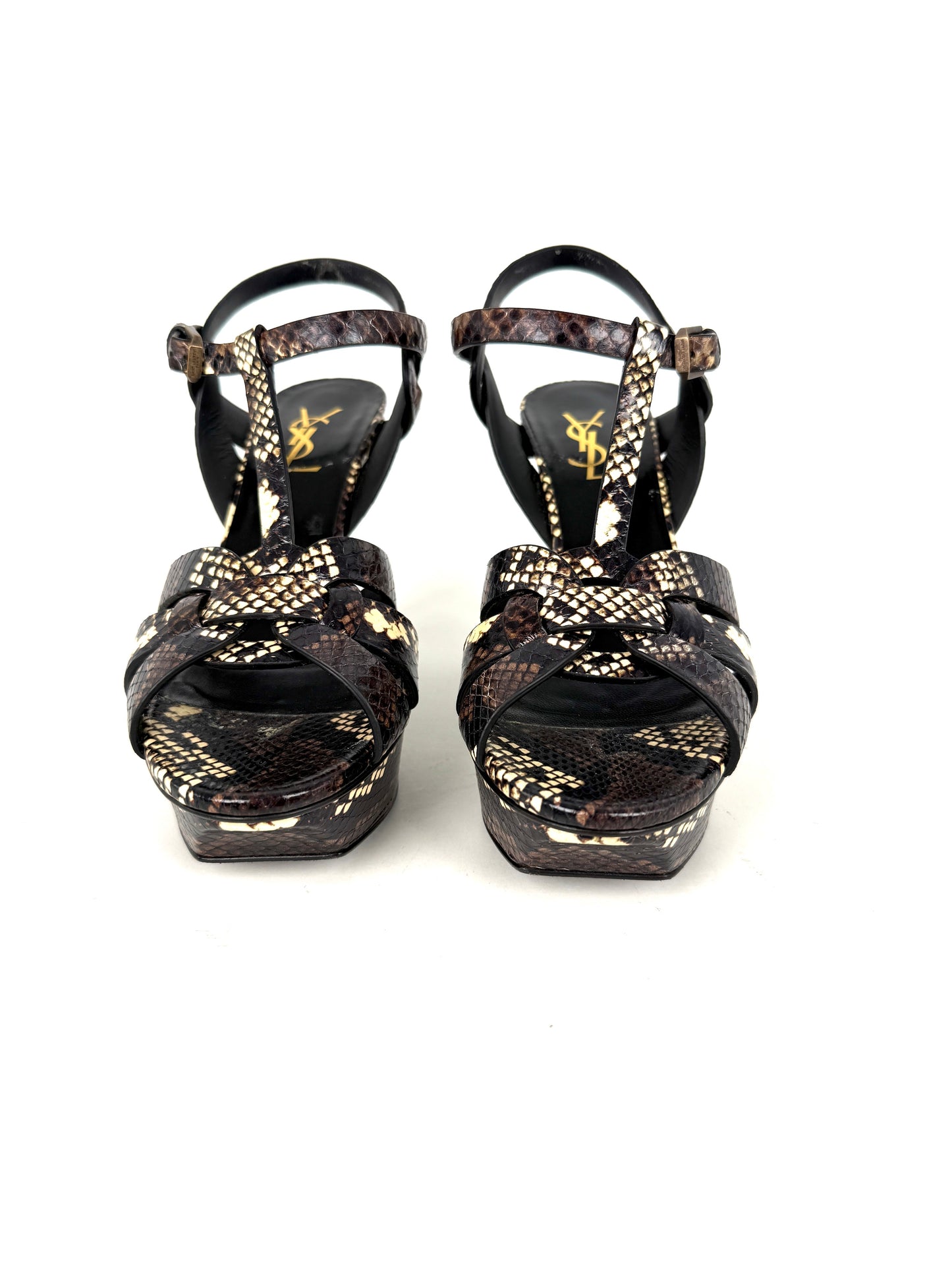 Saint Laurent YSL Tribute Snake Embossed Brown Cream Leather Platform Heel Sandals 38, 7.5