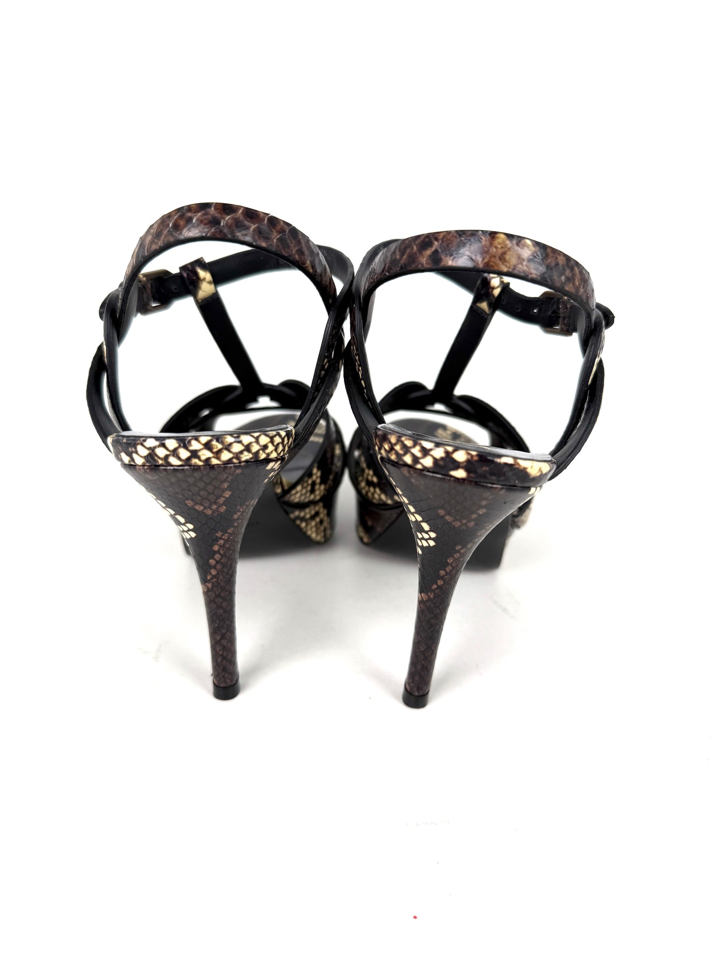 Saint Laurent YSL Tribute Snake Embossed Brown Cream Leather Platform Heel Sandals 38, 7.5