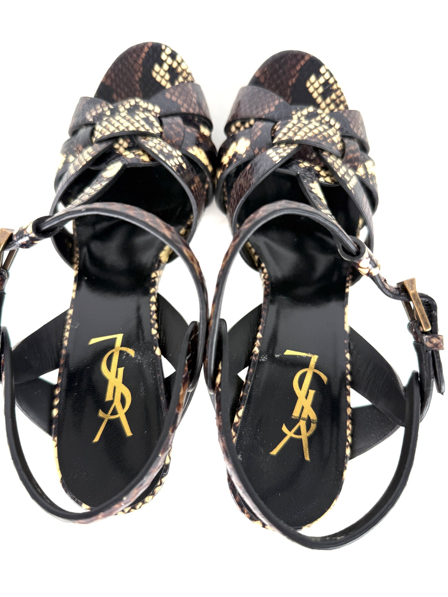 Saint Laurent YSL Tribute Snake Embossed Brown Cream Leather Platform Heel Sandals 38, 7.5