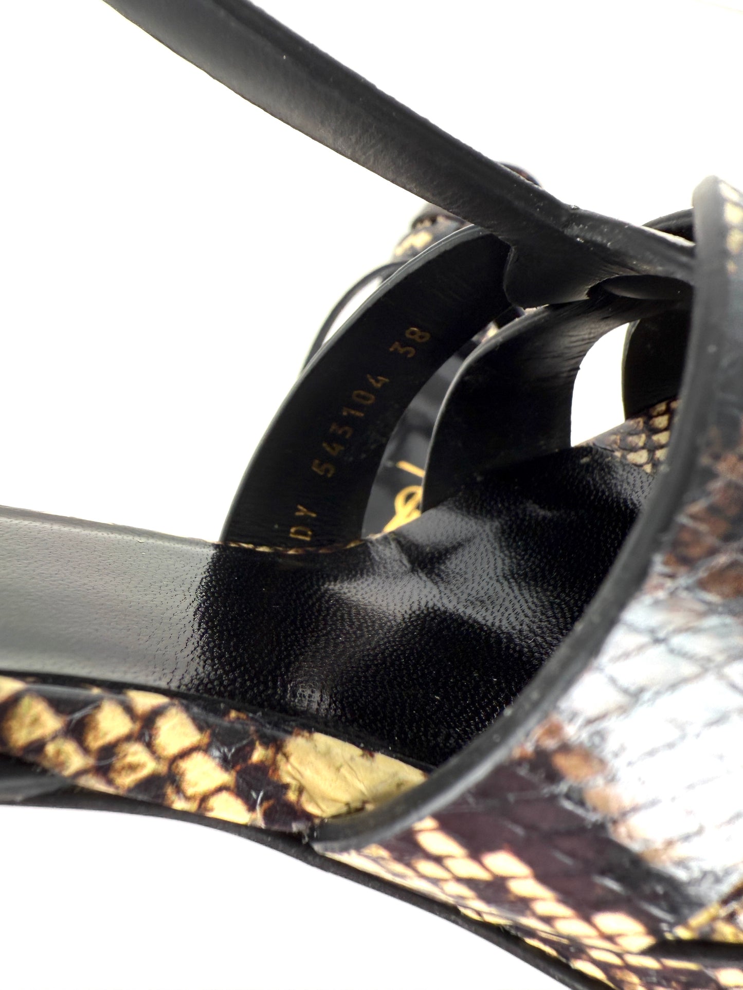 Saint Laurent YSL Tribute Snake Embossed Brown Cream Leather Platform Heel Sandals 38, 7.5