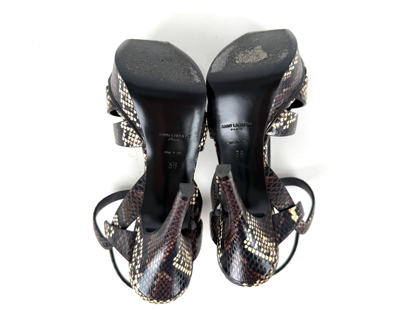 Saint Laurent YSL Tribute Snake Embossed Brown Cream Leather Platform Heel Sandals 38, 7.5