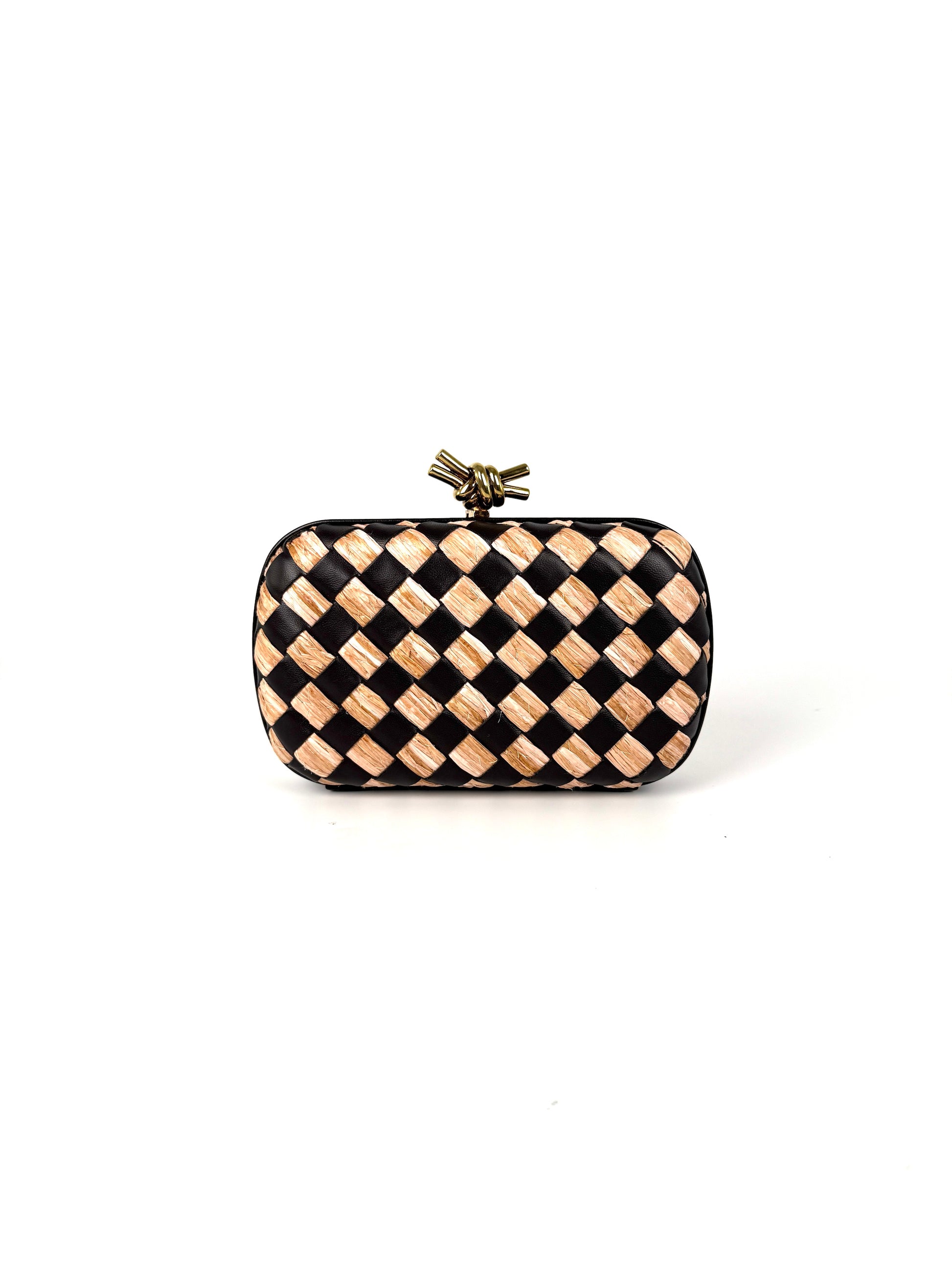 New Bottega Veneta Knot Minaudière Woven Intrecciato Straw Raffia Leather Clutch Bag