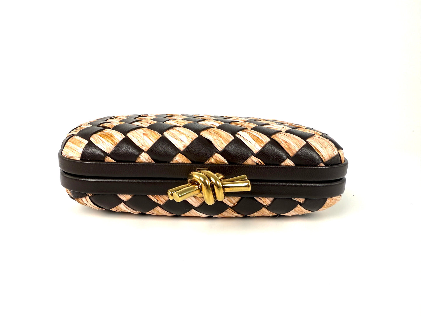 New Bottega Veneta Knot Minaudière Woven Intrecciato Straw Raffia Leather Clutch Bag