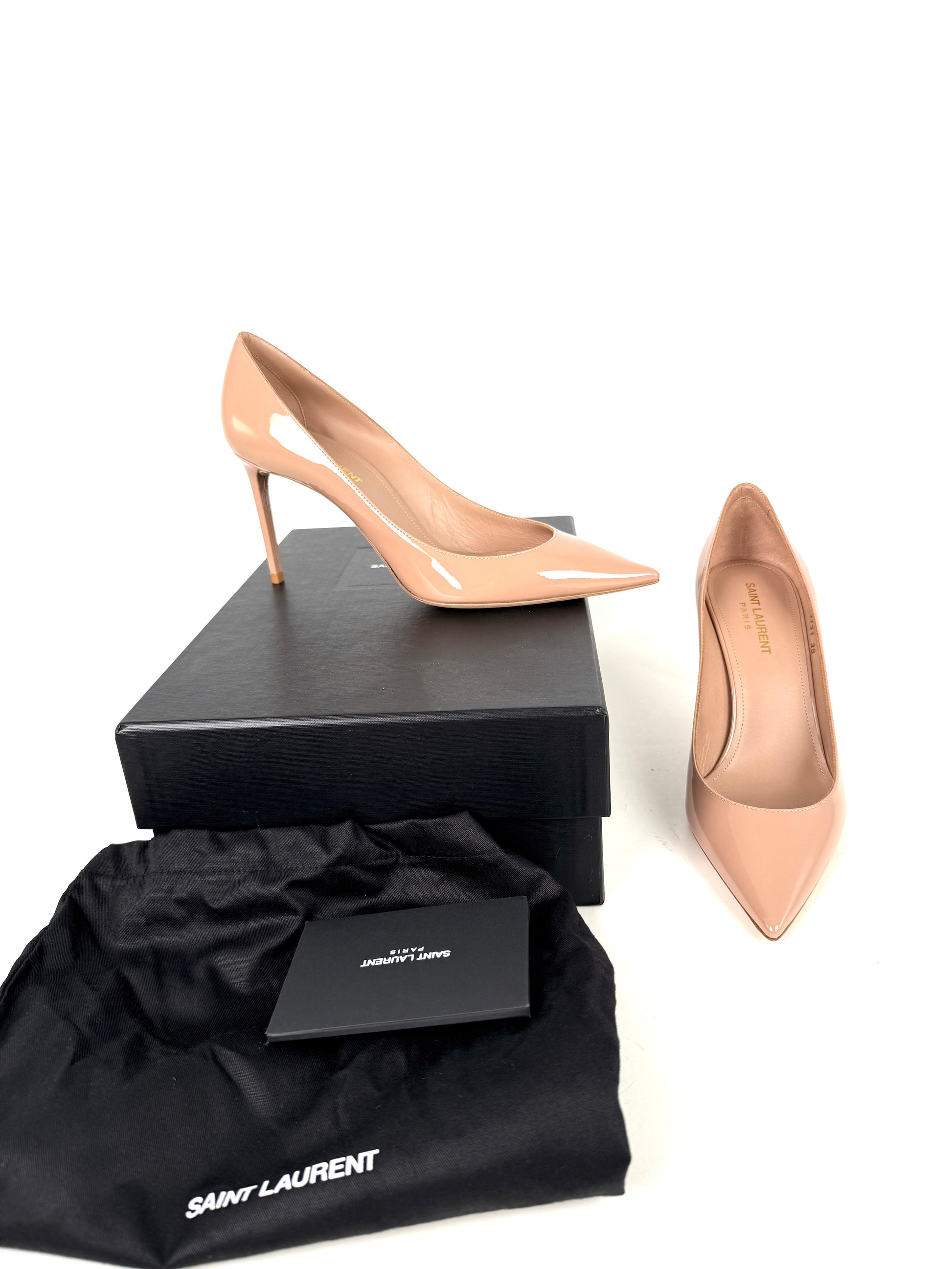 New Saint Laurent YSL Zoe Nude 85 Leather Heel Pumps 38, 7.5