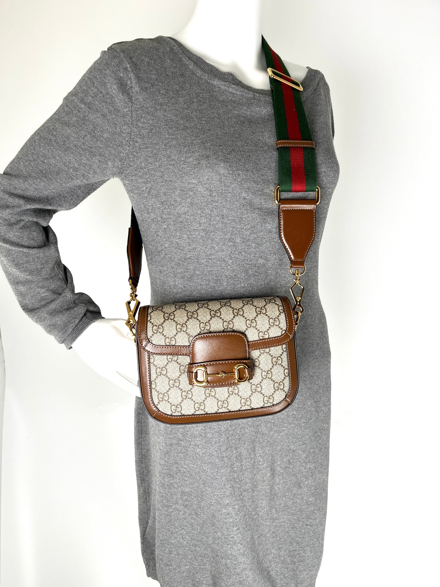 GUCCI Mini GG Supreme 1955 Horsebit Monogram Web Strap Crossbody Shoulder Bag