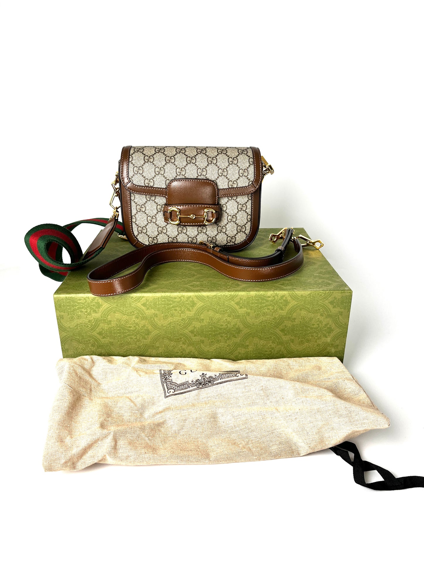 GUCCI Mini GG Supreme 1955 Horsebit Monogram Web Strap Crossbody Shoulder Bag