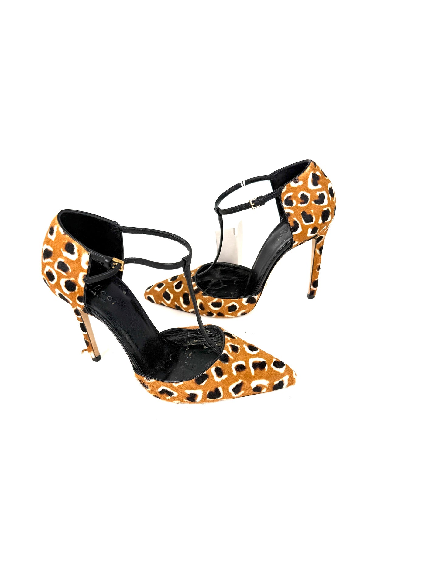 GUCCI Ponyhair Classic Tobacco Brown Black T Strap Pumps Heels 37.5, 7.5
