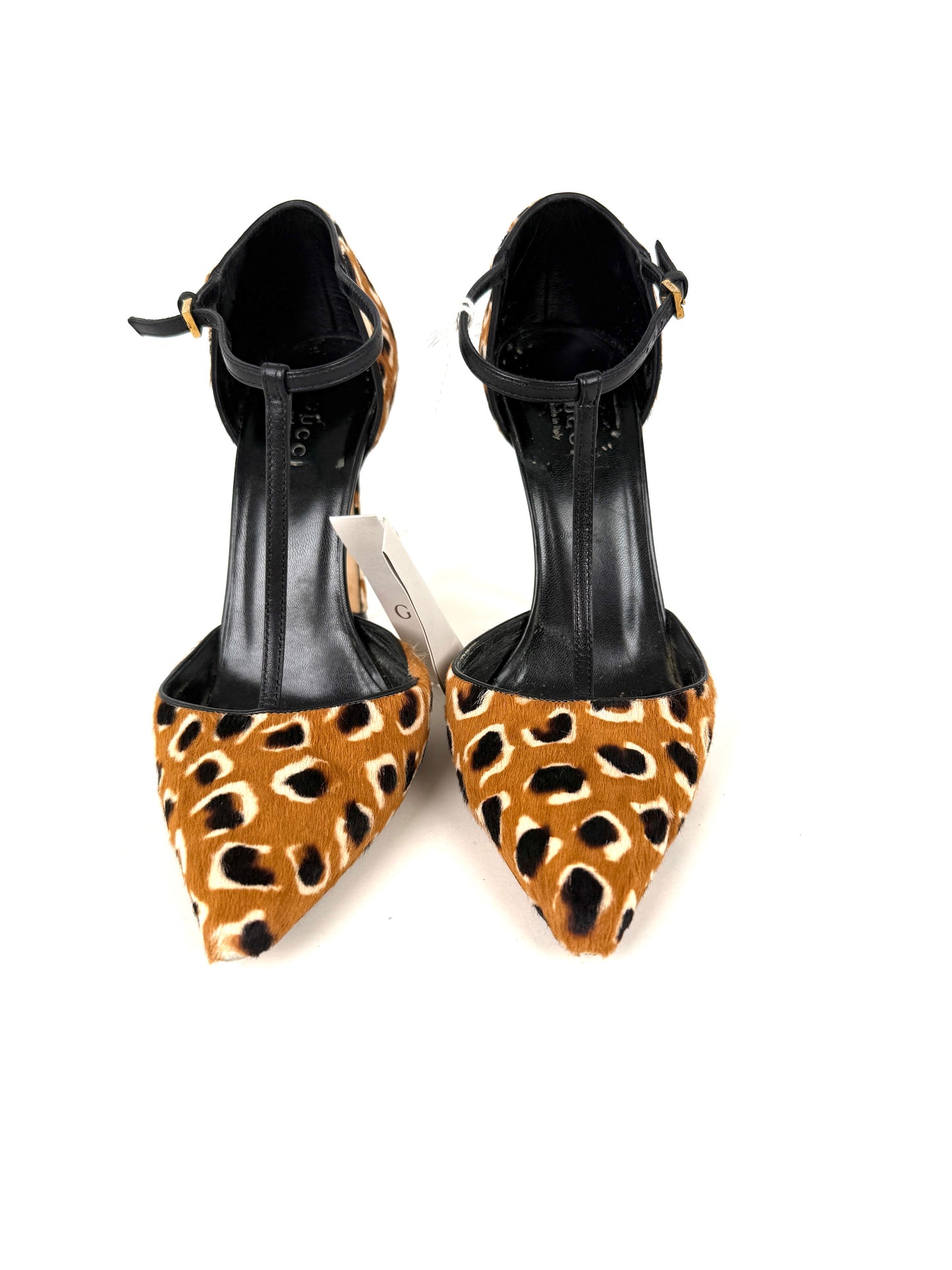 GUCCI Ponyhair Classic Tobacco Brown Black T Strap Pumps Heels 37.5, 7.5