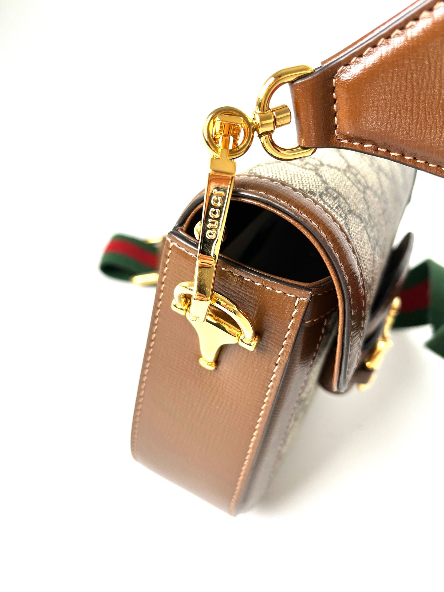 GUCCI Mini GG Supreme 1955 Horsebit Monogram Web Strap Crossbody Shoulder Bag