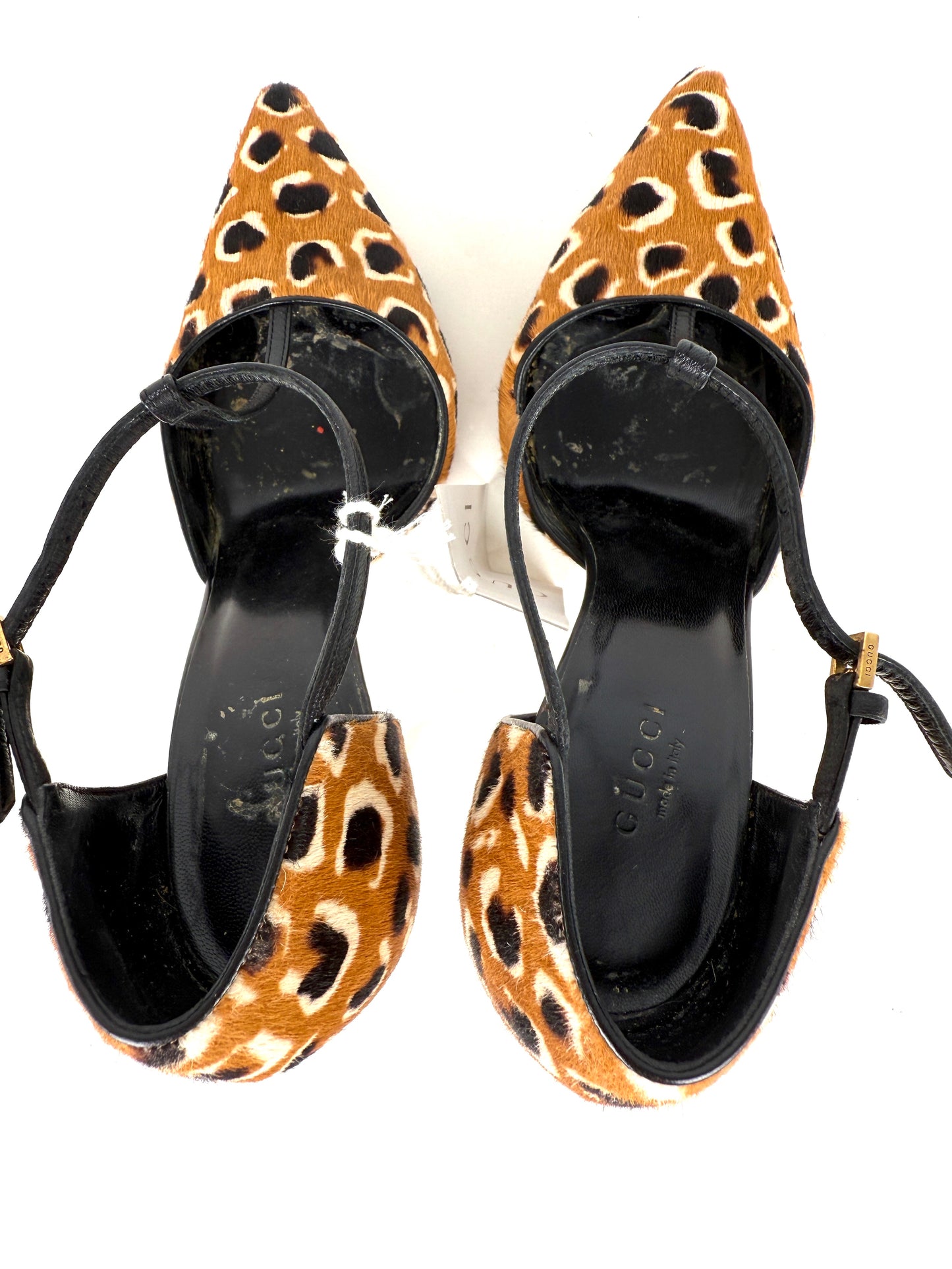 GUCCI Ponyhair Classic Tobacco Brown Black T Strap Pumps Heels 37.5, 7.5