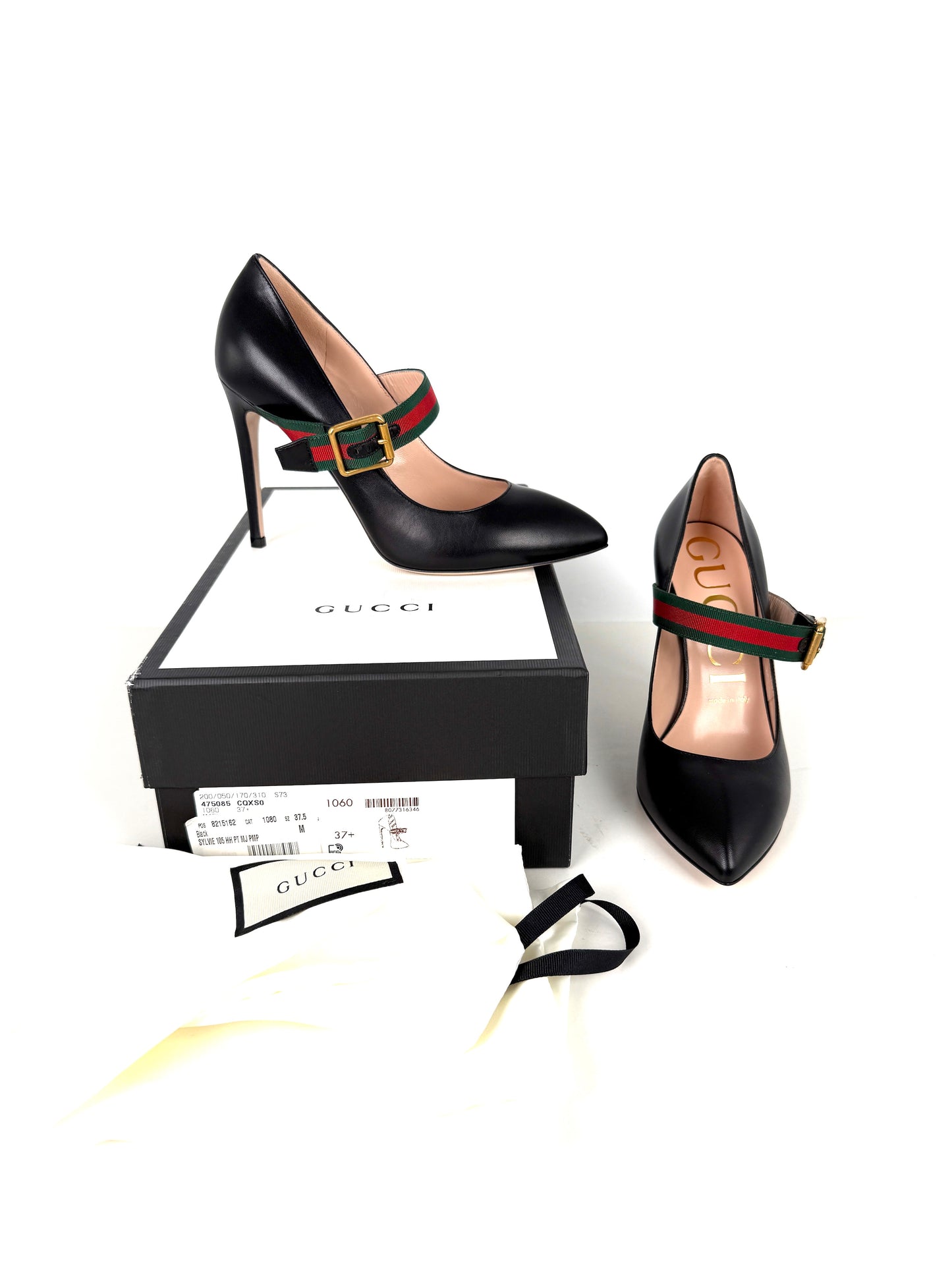 New GUCCI Sylvie Web Black Mary Jane Buckle Pumps Heels 37.5, 7.5