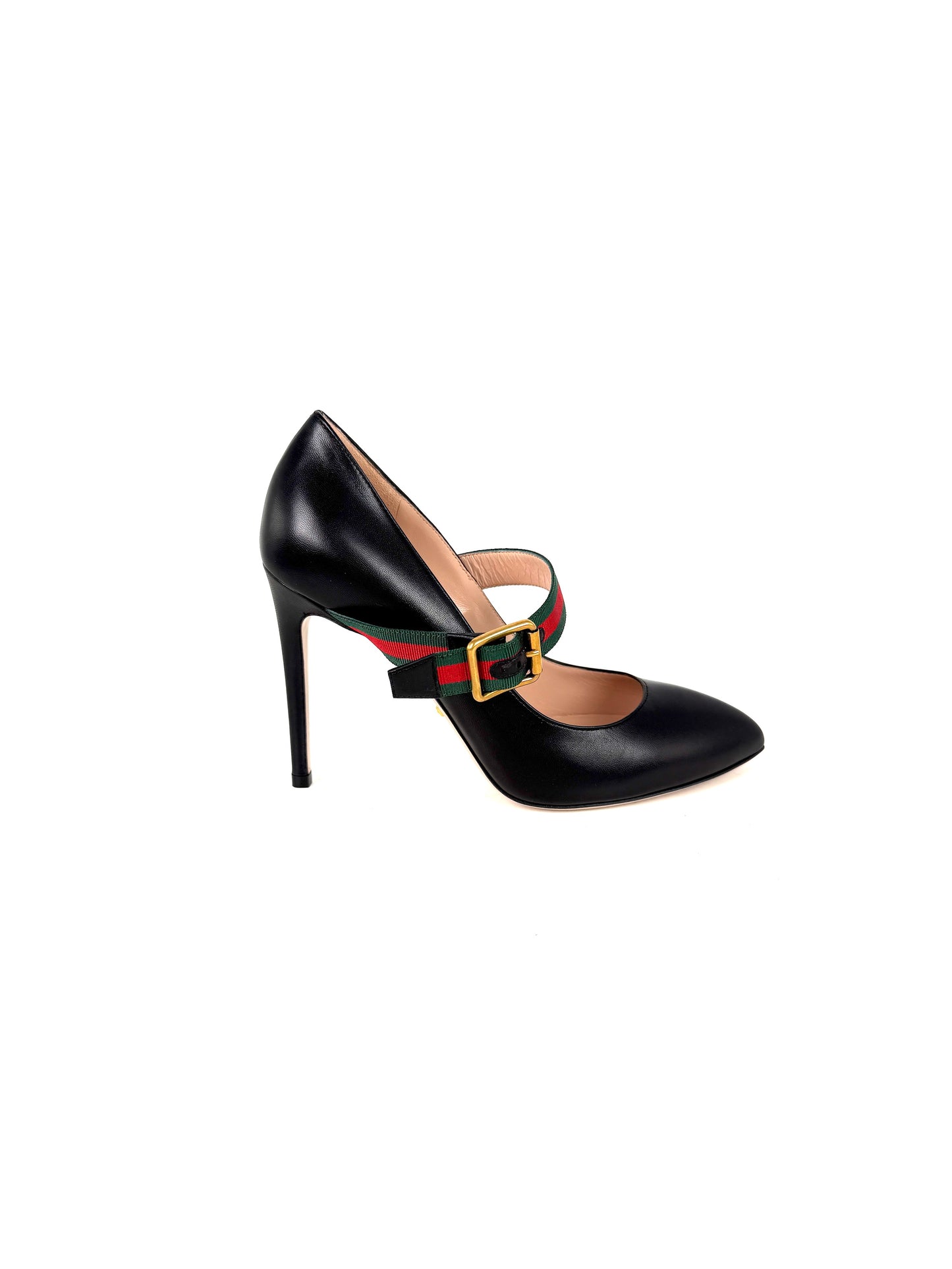 New GUCCI Sylvie Web Black Mary Jane Buckle Pumps Heels 37.5, 7.5
