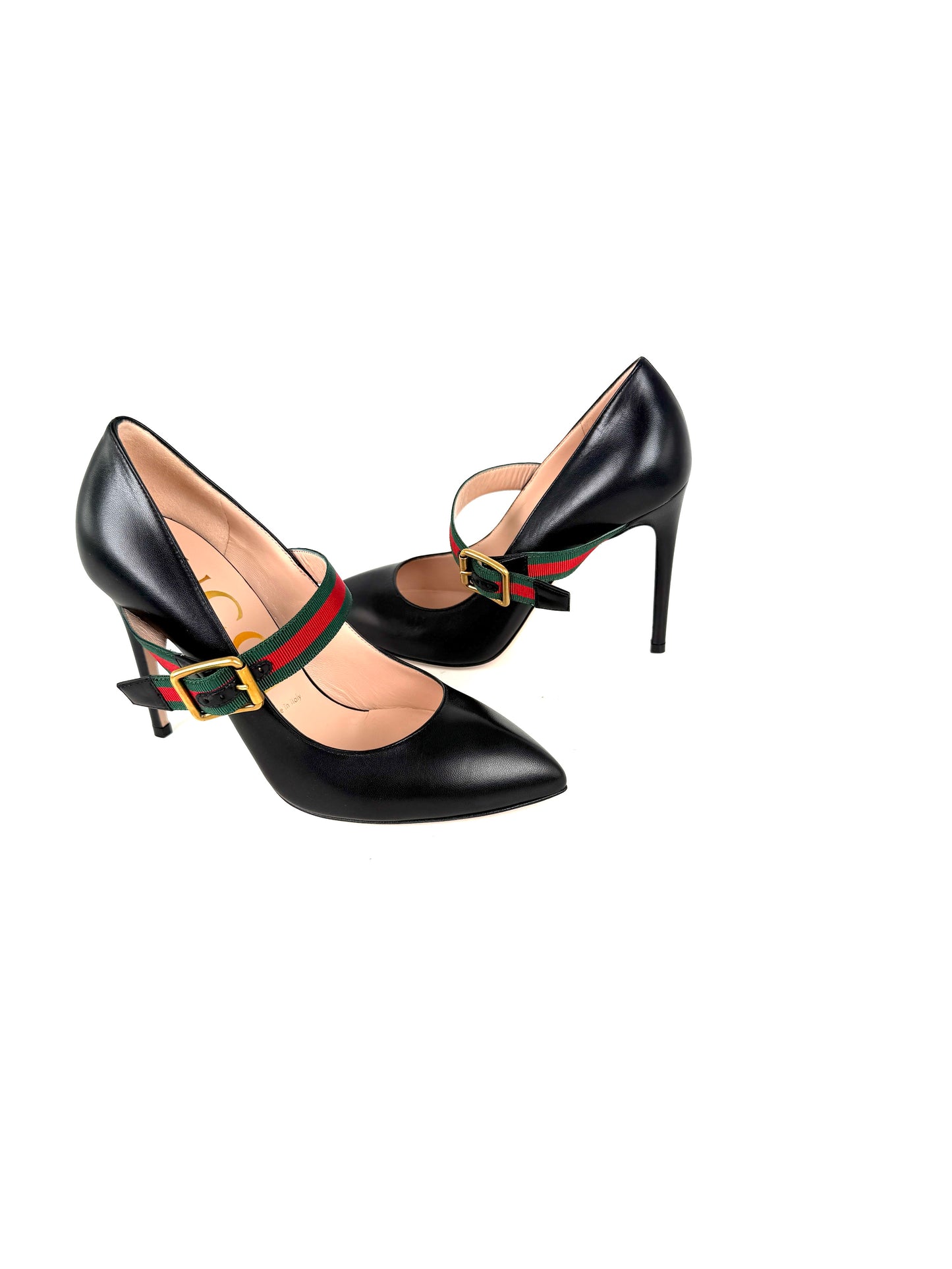 New GUCCI Sylvie Web Black Mary Jane Buckle Pumps Heels 37.5, 7.5