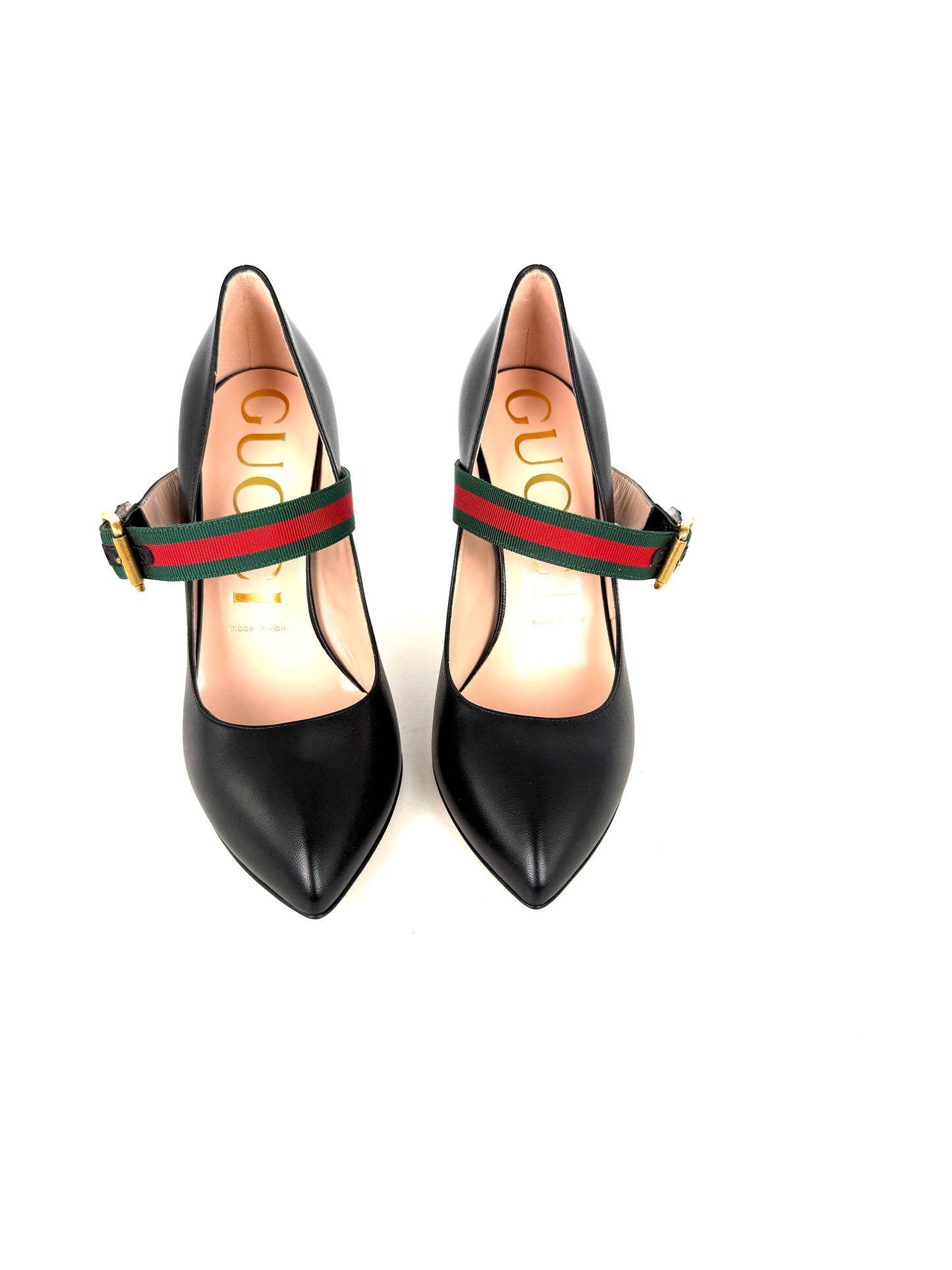 New GUCCI Sylvie Web Black Mary Jane Buckle Pumps Heels 37.5, 7.5