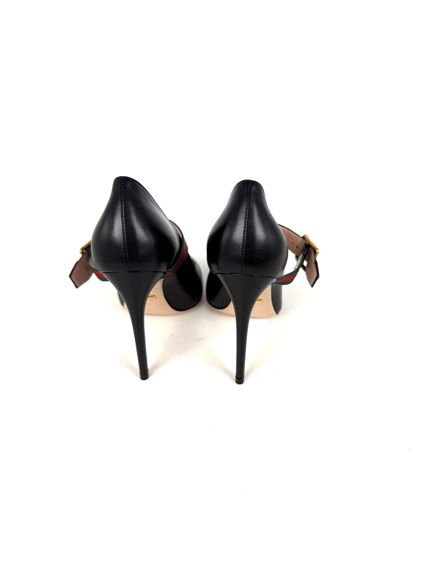 New GUCCI Sylvie Web Black Mary Jane Buckle Pumps Heels 37.5, 7.5