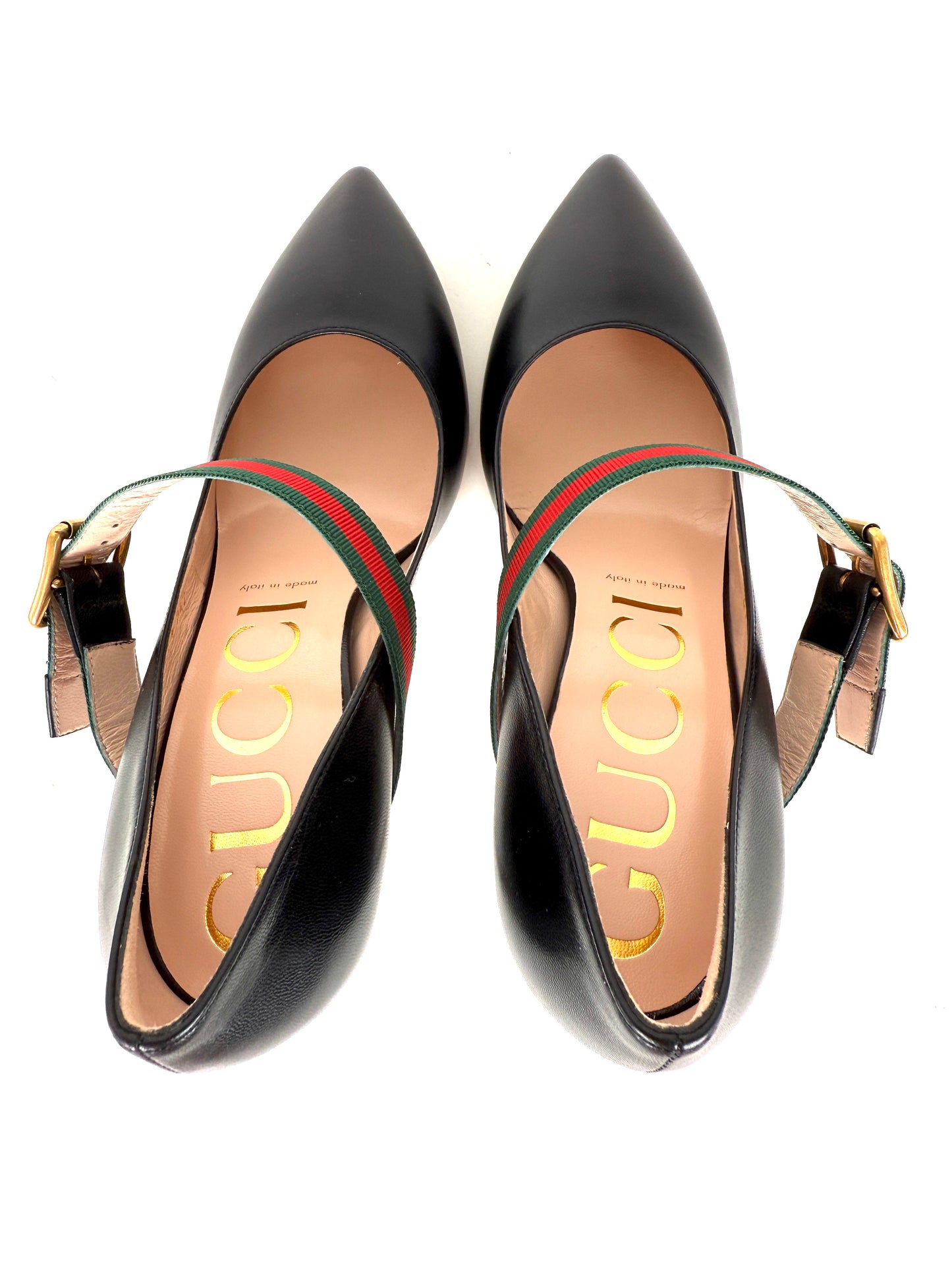 New GUCCI Sylvie Web Black Mary Jane Buckle Pumps Heels 37.5, 7.5