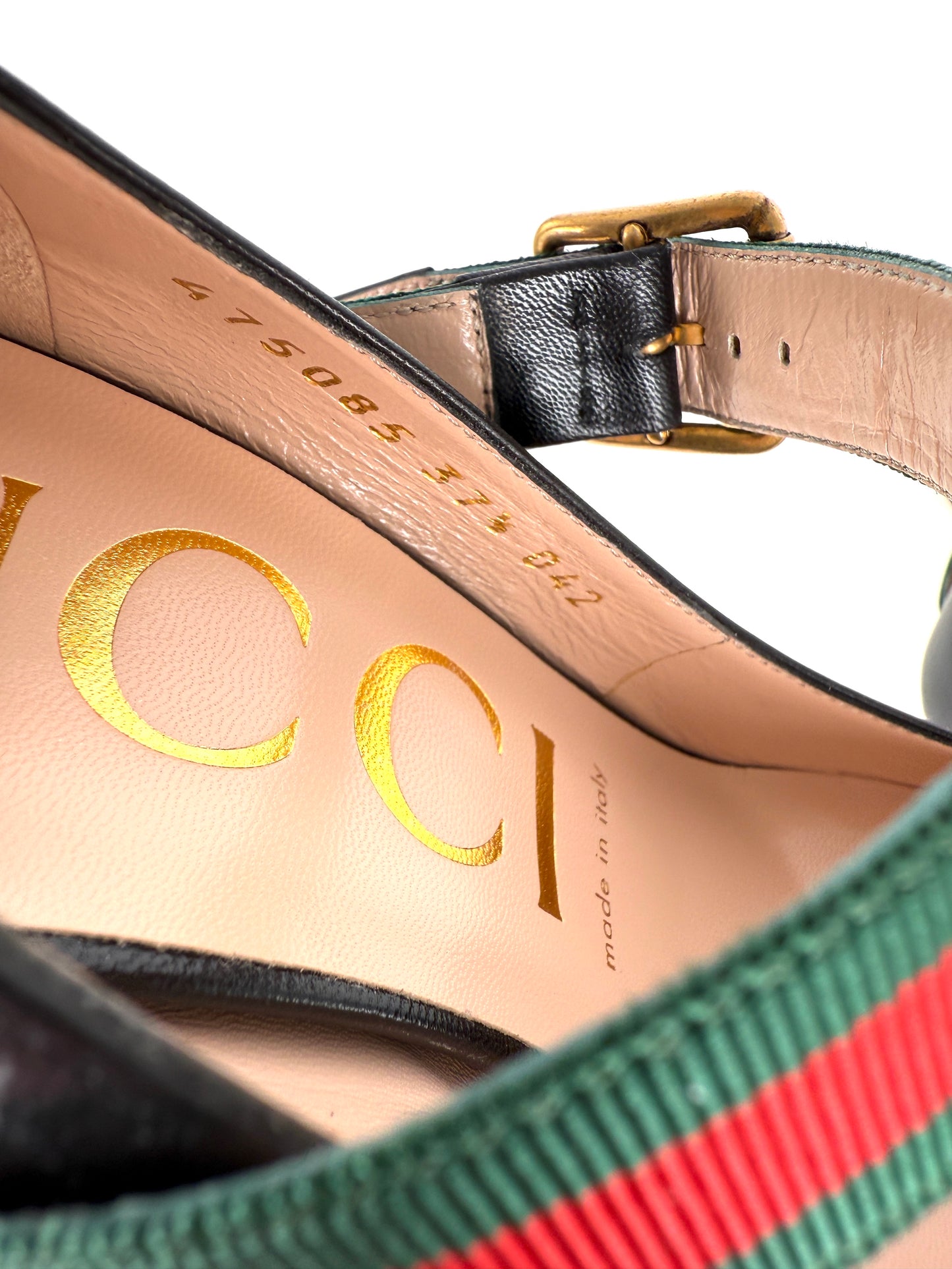 New GUCCI Sylvie Web Black Mary Jane Buckle Pumps Heels 37.5, 7.5