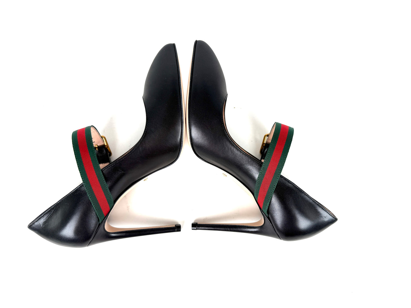 New GUCCI Sylvie Web Black Mary Jane Buckle Pumps Heels 37.5, 7.5