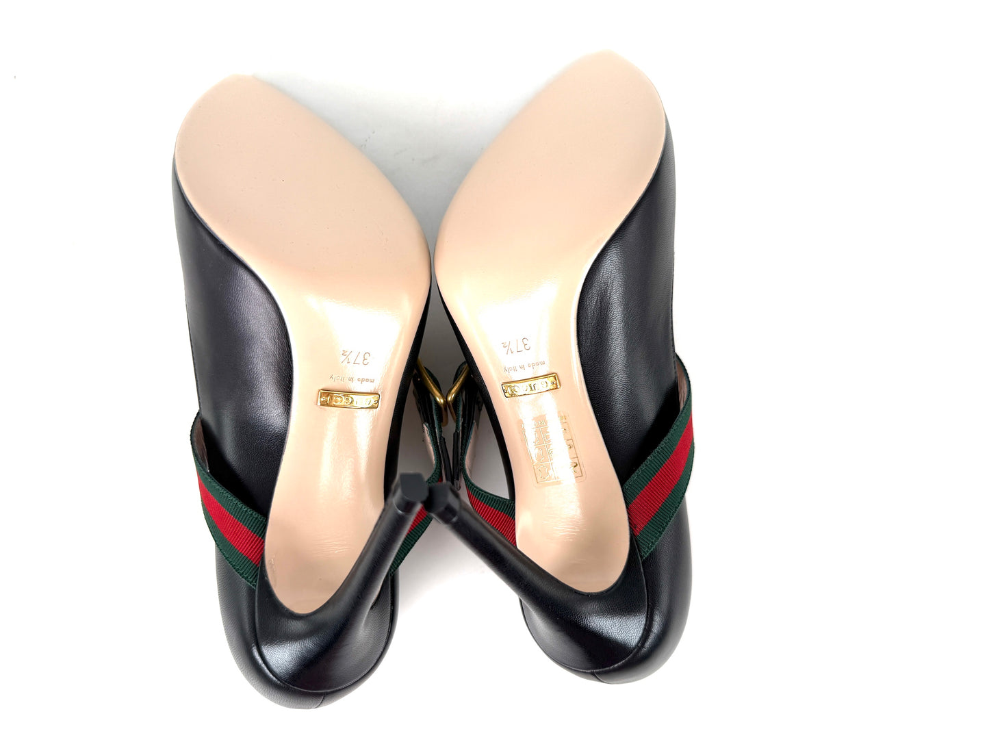 New GUCCI Sylvie Web Black Mary Jane Buckle Pumps Heels 37.5, 7.5