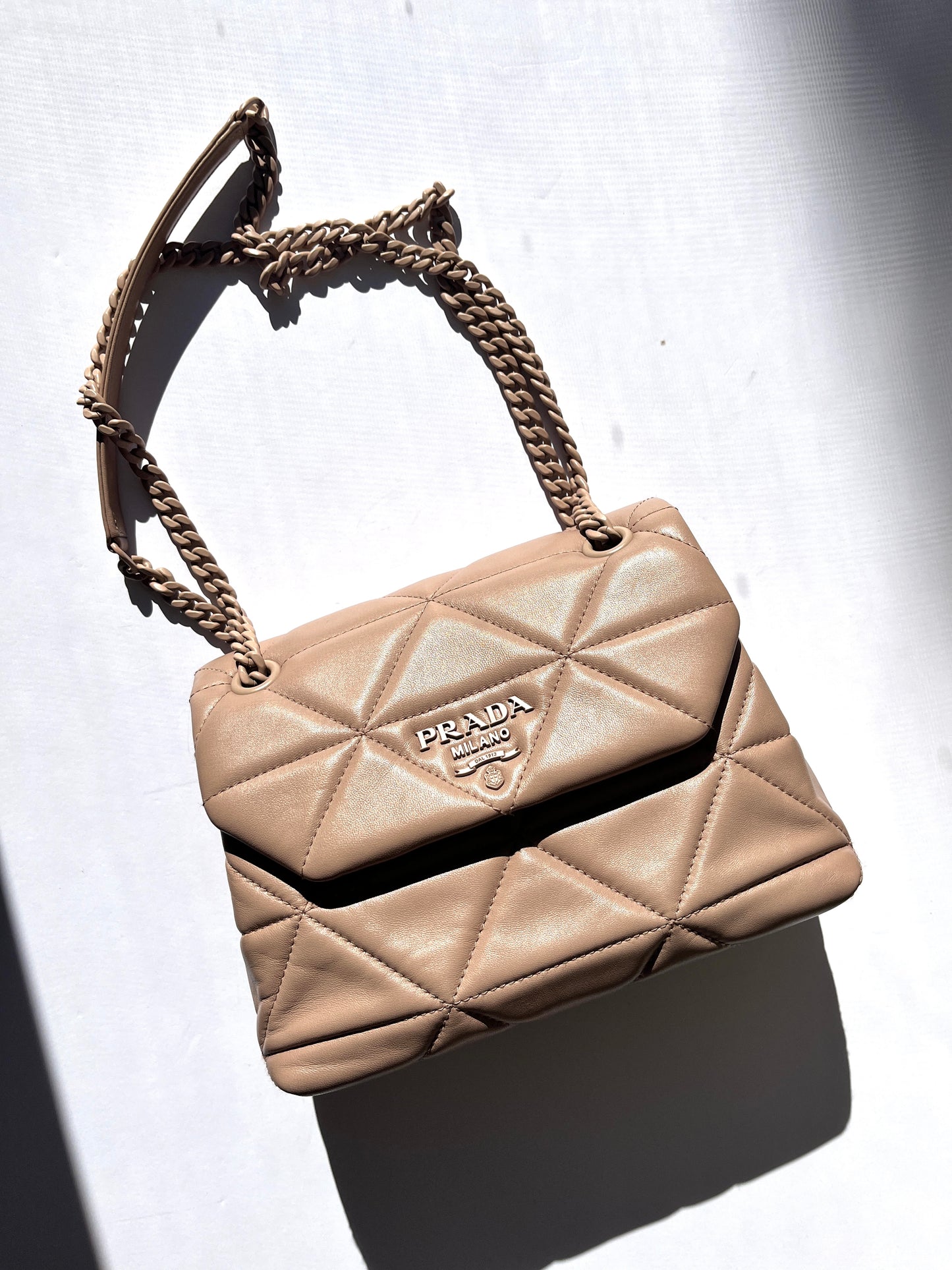 PRADA Nappa Triangle Stitched Small Spectrum Blush Neutral Flap Bag