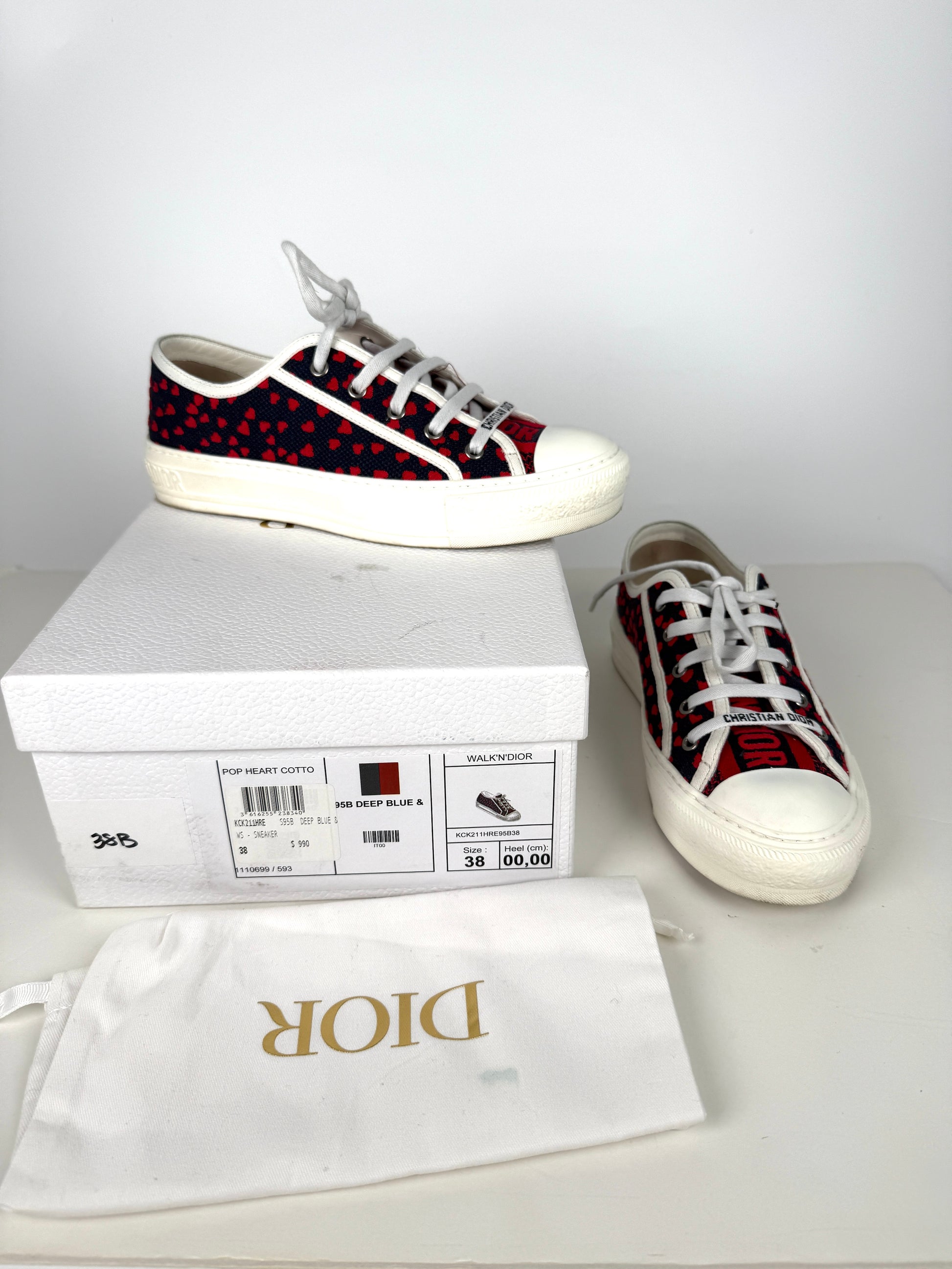 Christian Dior Walk’n’Dior Pop Heart Cotton Blue Red Sneakers 38, 7.5