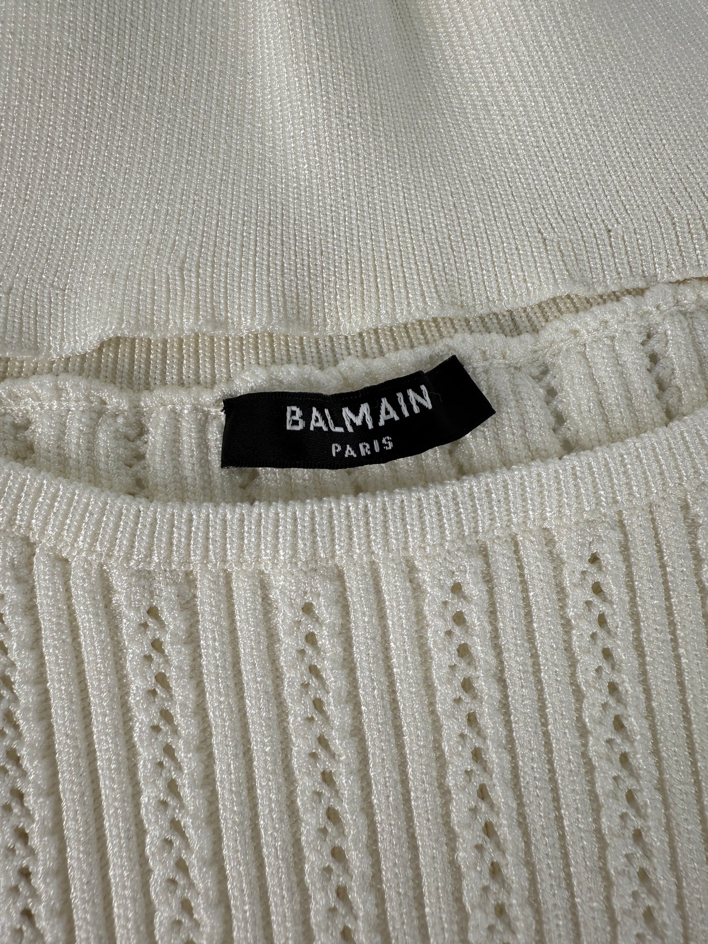 Balmain Openwork White Sleeveless Pointelle Knit Bodysuit 2024 Top 40 6 8