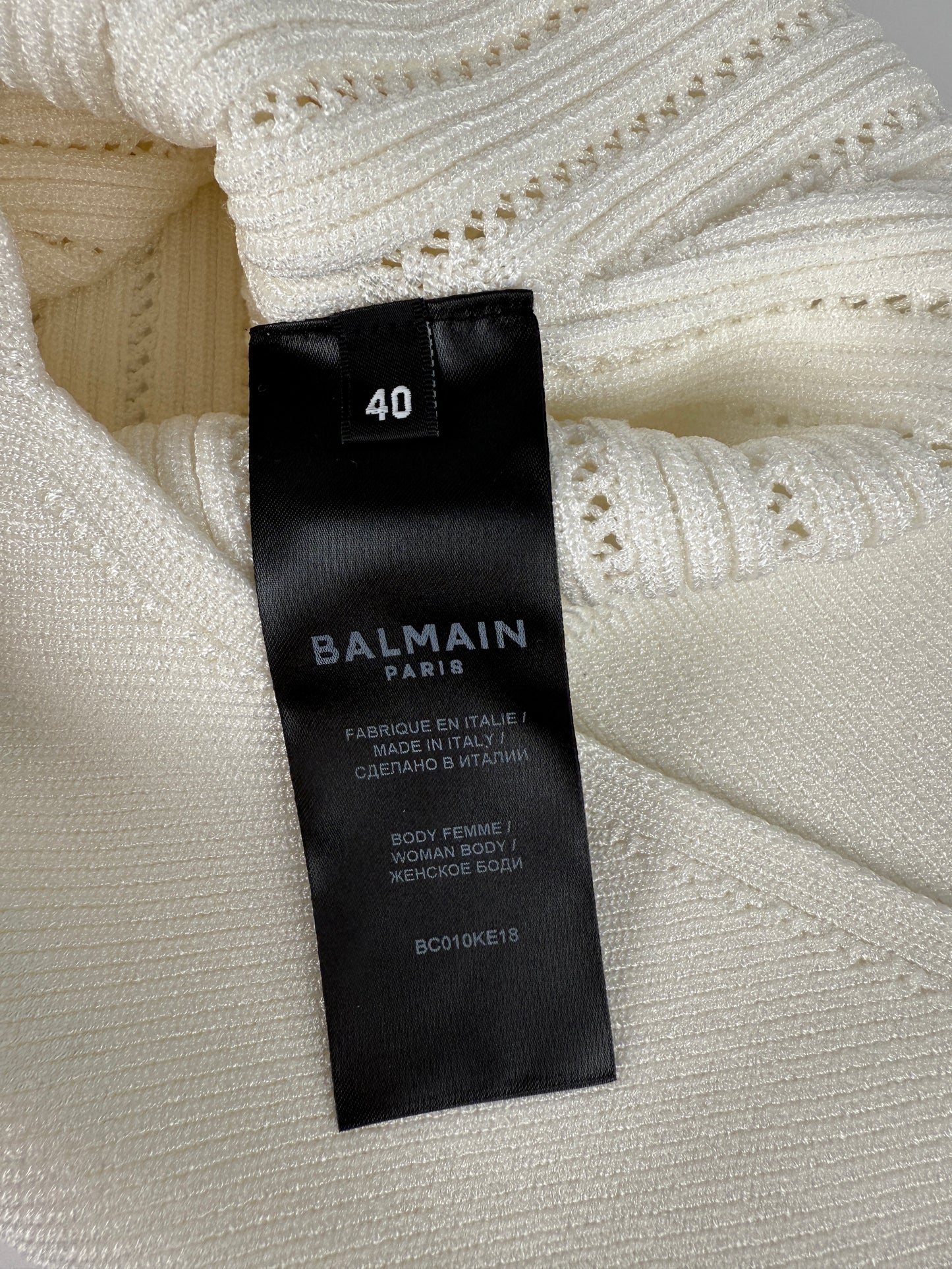 Balmain Openwork White Sleeveless Pointelle Knit Bodysuit 2024 Top 40 6 8