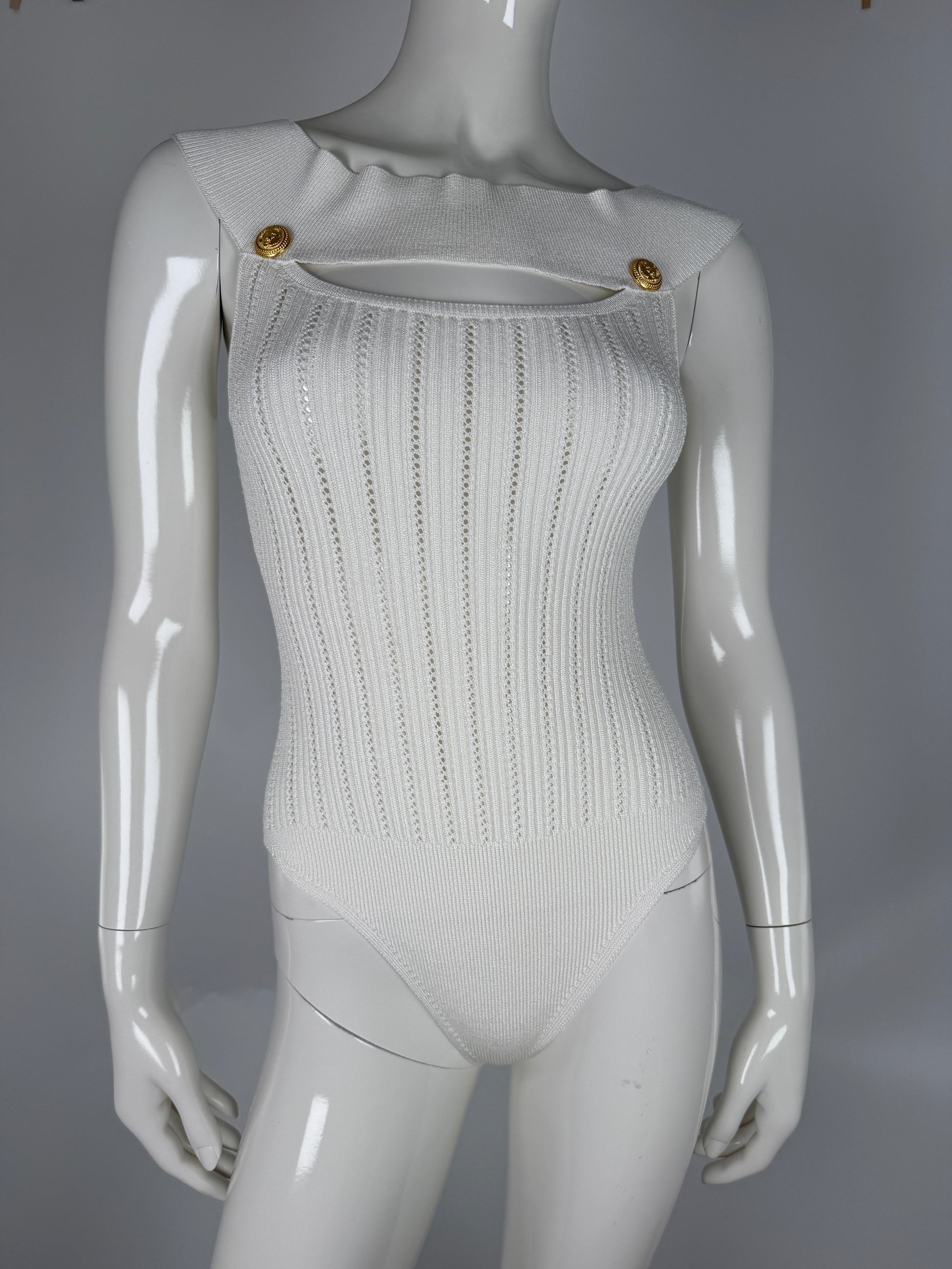 Balmain Openwork White Sleeveless Pointelle Knit Bodysuit 2024 Top 40 6 8