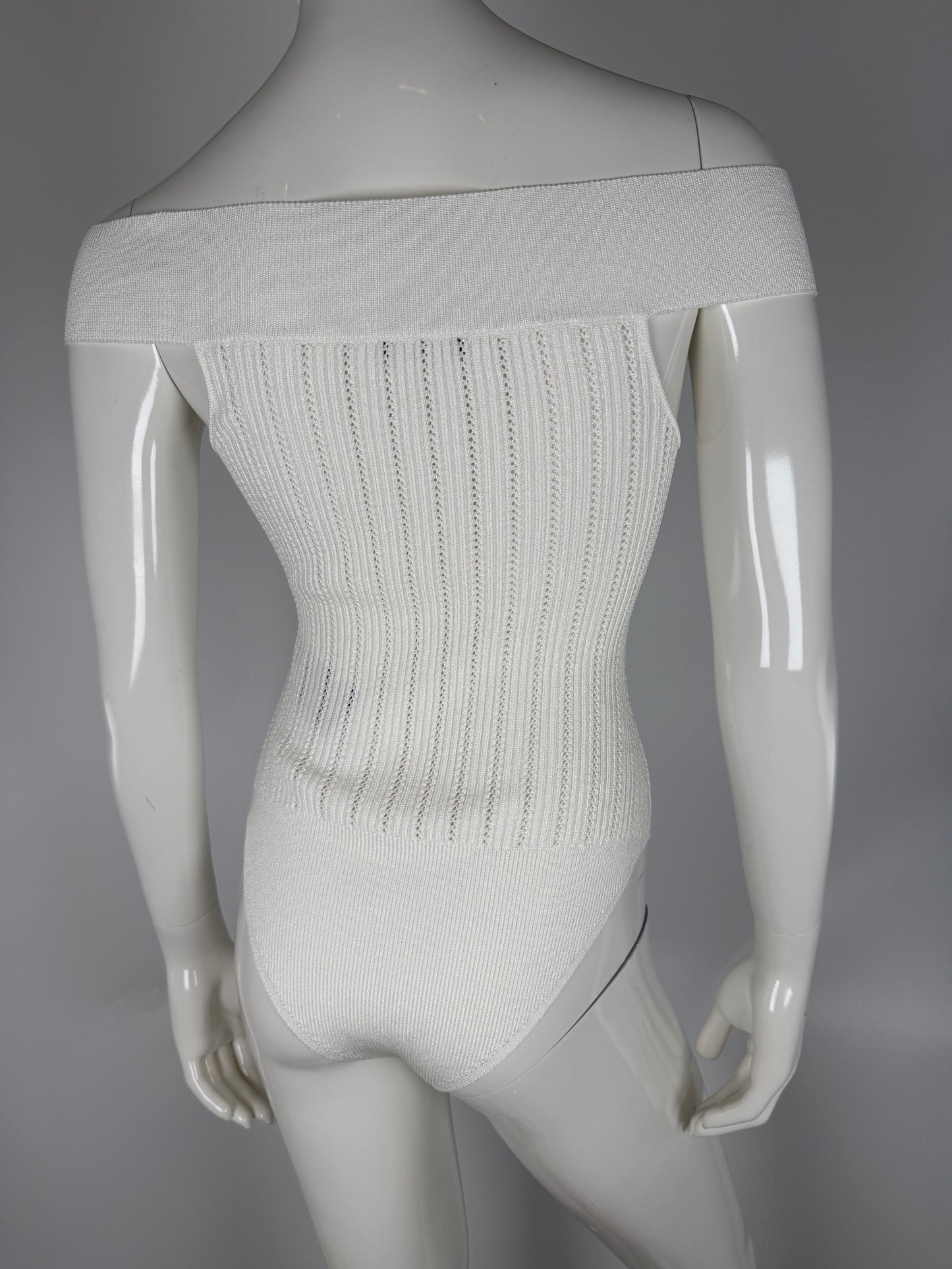 Balmain Openwork White Sleeveless Pointelle Knit Bodysuit 2024 Top 40 6 8