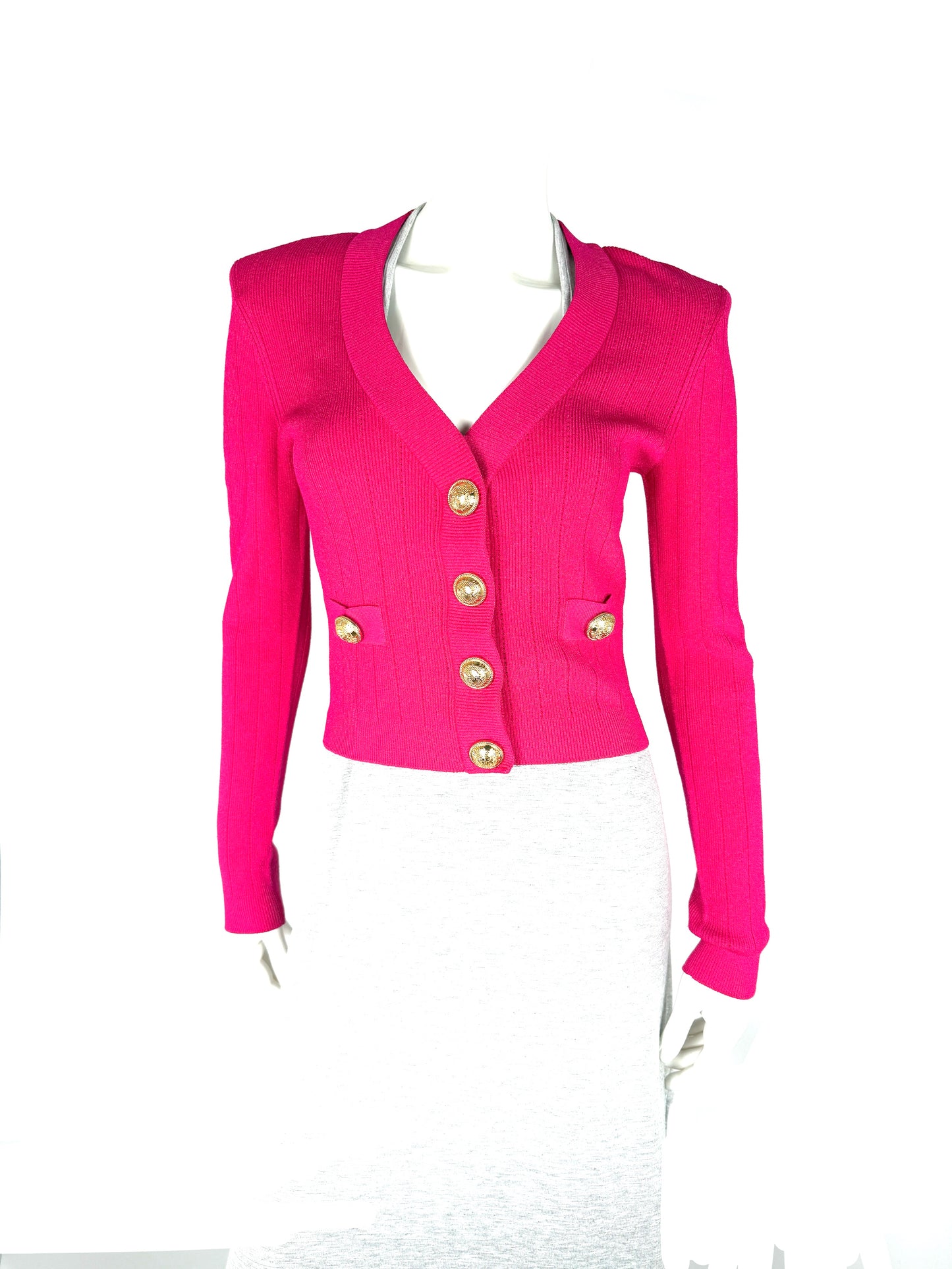 Balmain Long Sleeved V Neck Knit Pink Cardigan Button Top 38 6