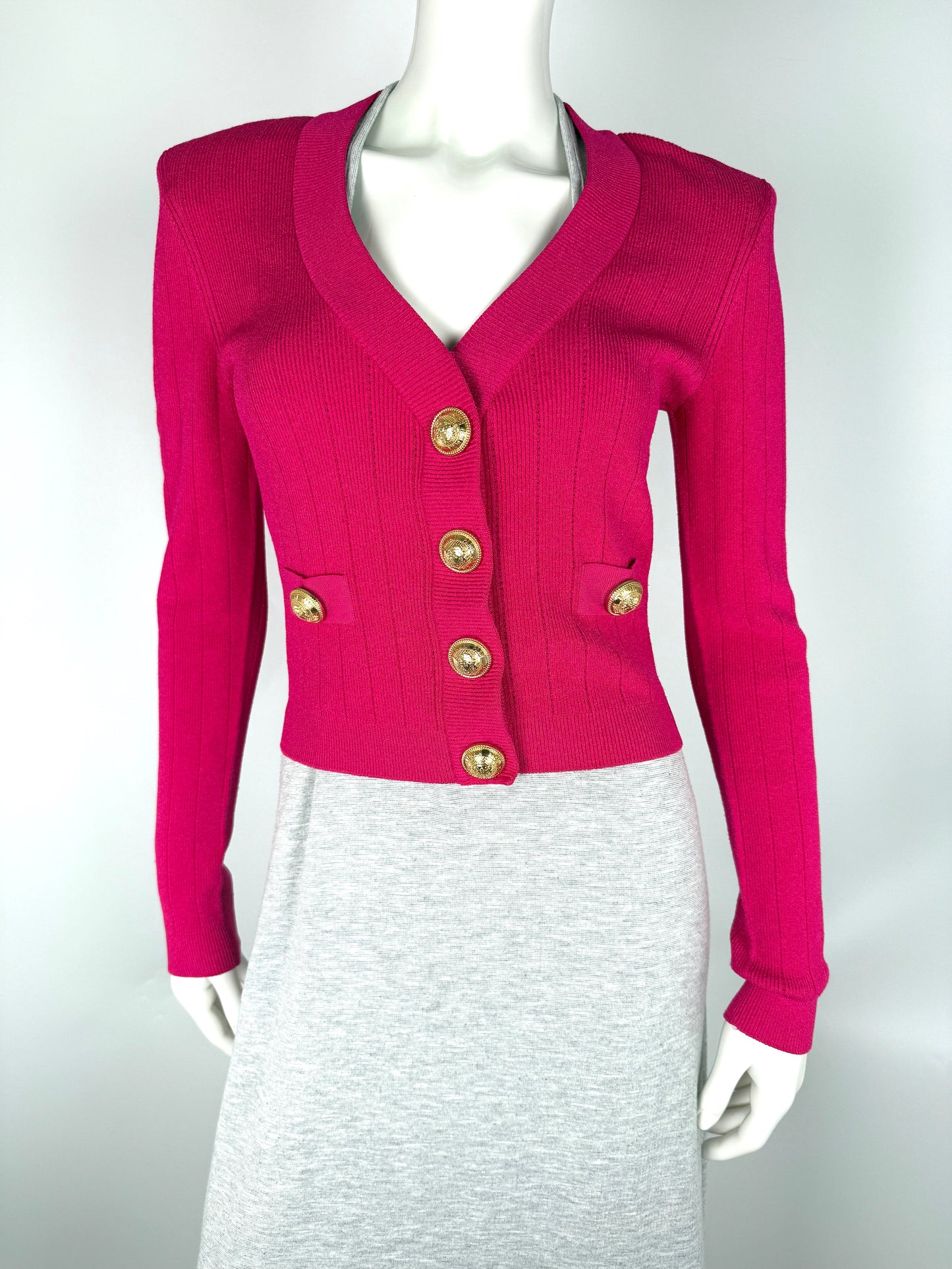 Balmain Long Sleeved V Neck Knit Pink Cardigan Button Top 38 6