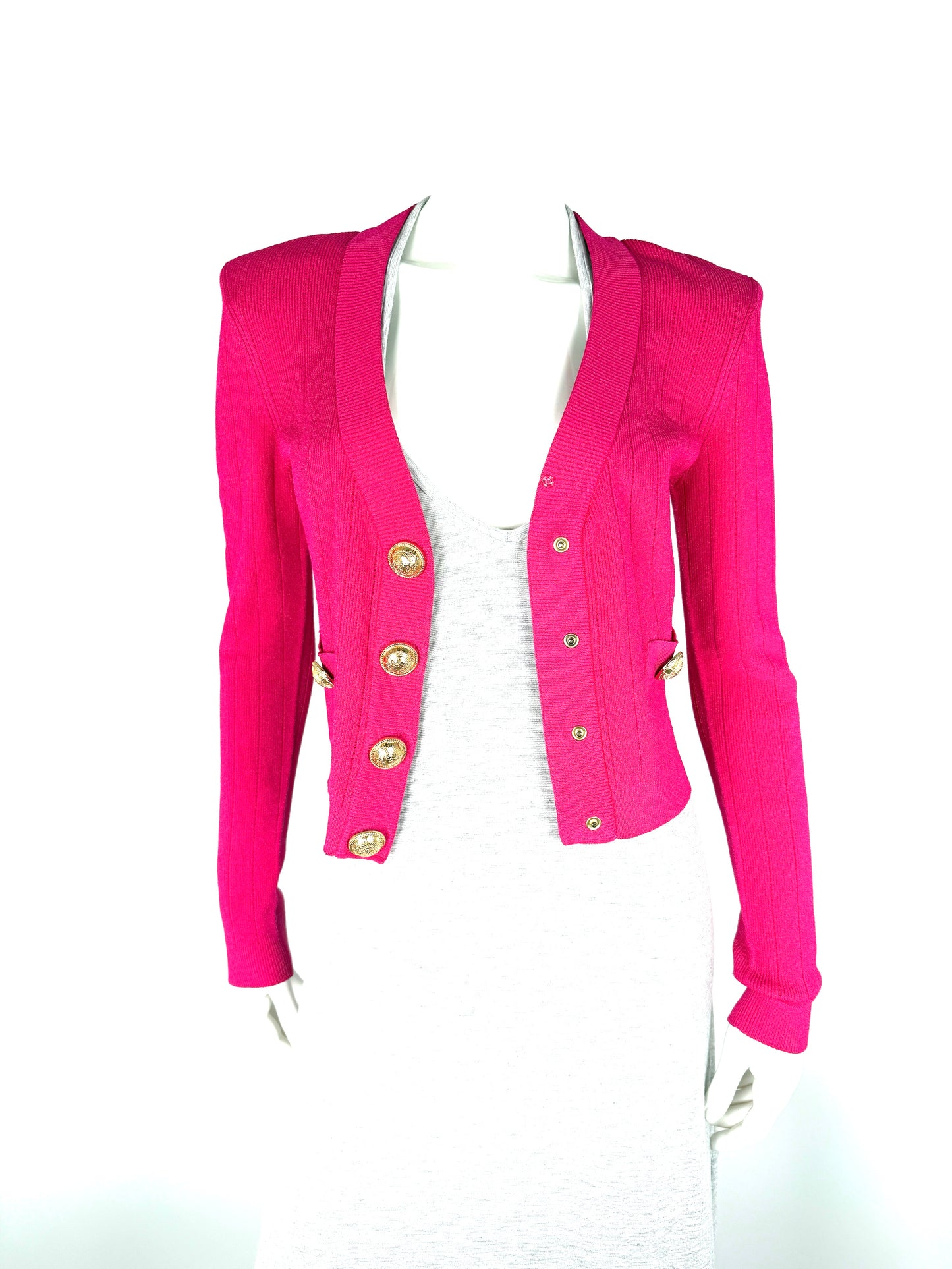Balmain Long Sleeved V Neck Knit Pink Cardigan Button Top 38 6